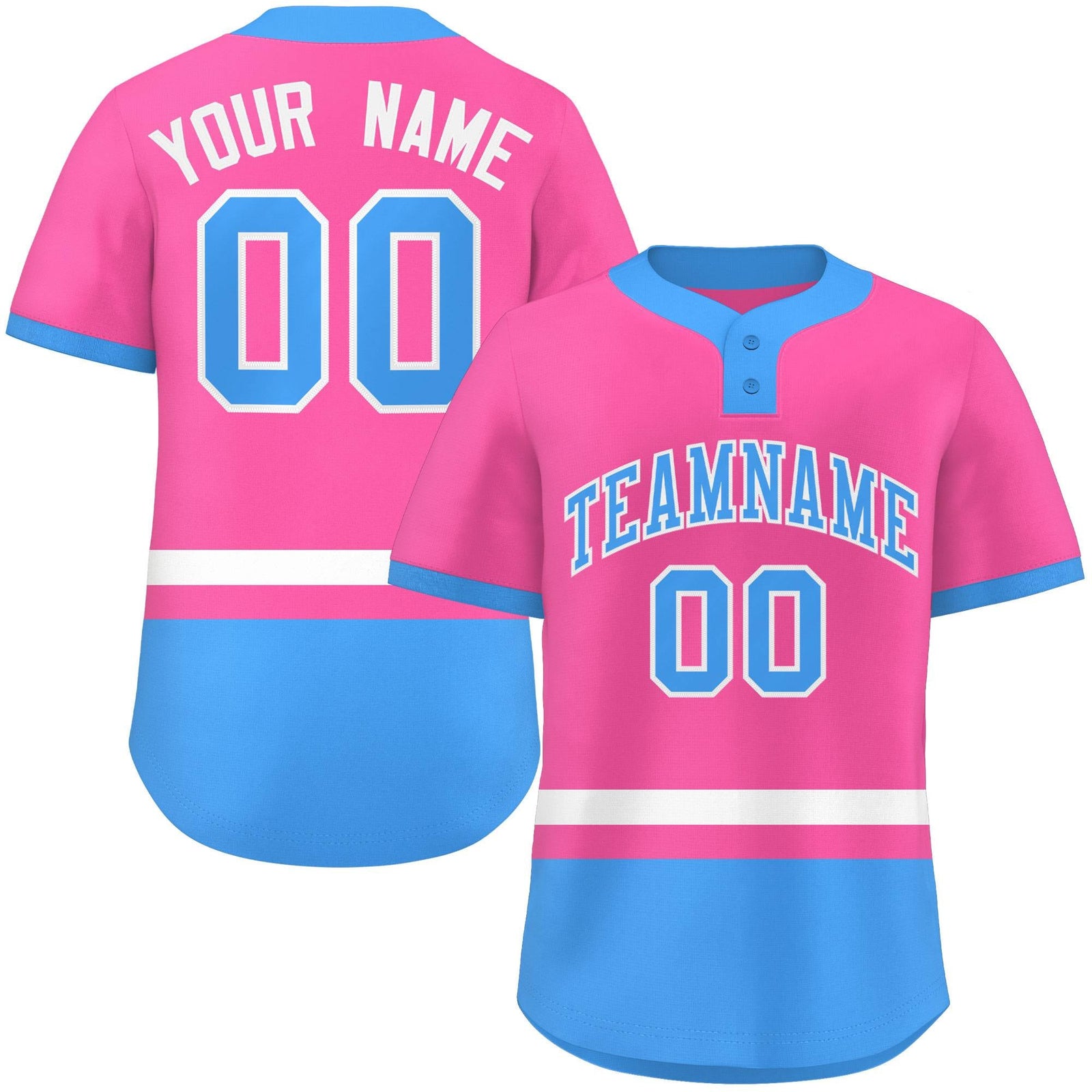Custom Pink White-Powder Blue Color Block Personalized Authentic Two-Button Softball Jersey