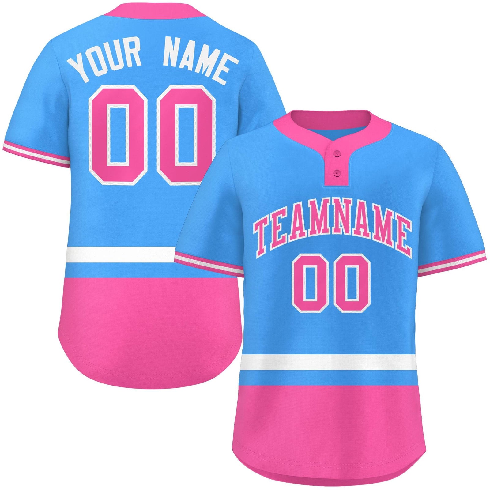 Custom Powder Blue White-Pink Color Block Personalized Authentic Two-Button Softball Jersey