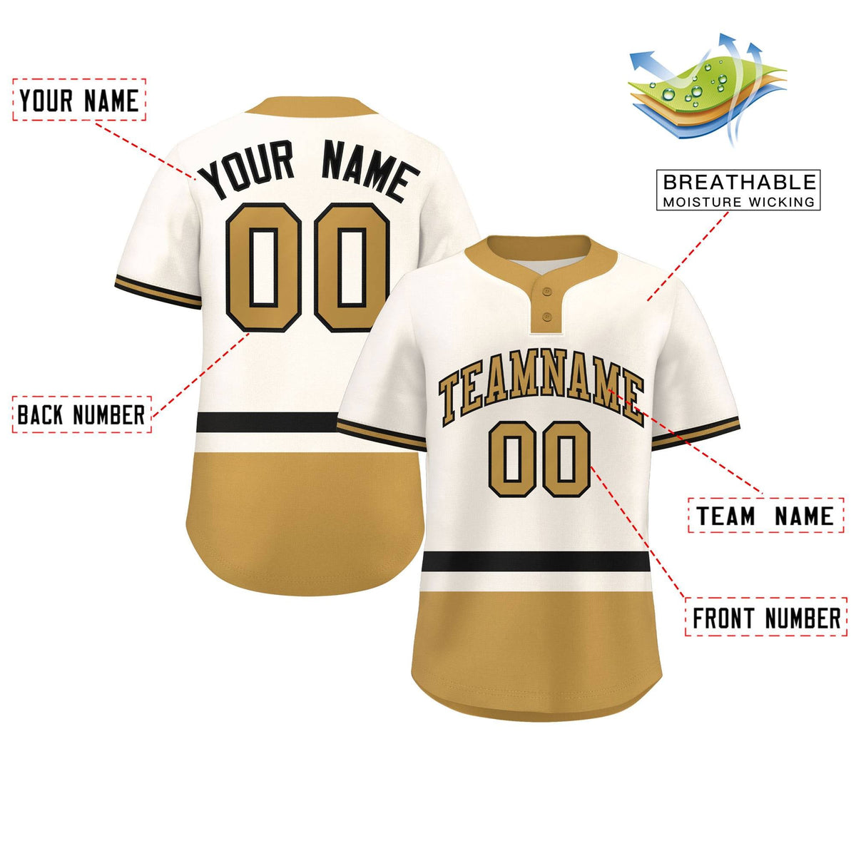 Custom Cream Black-Old Gold Color Block Personalized Authentic Two-Button Softball Jersey