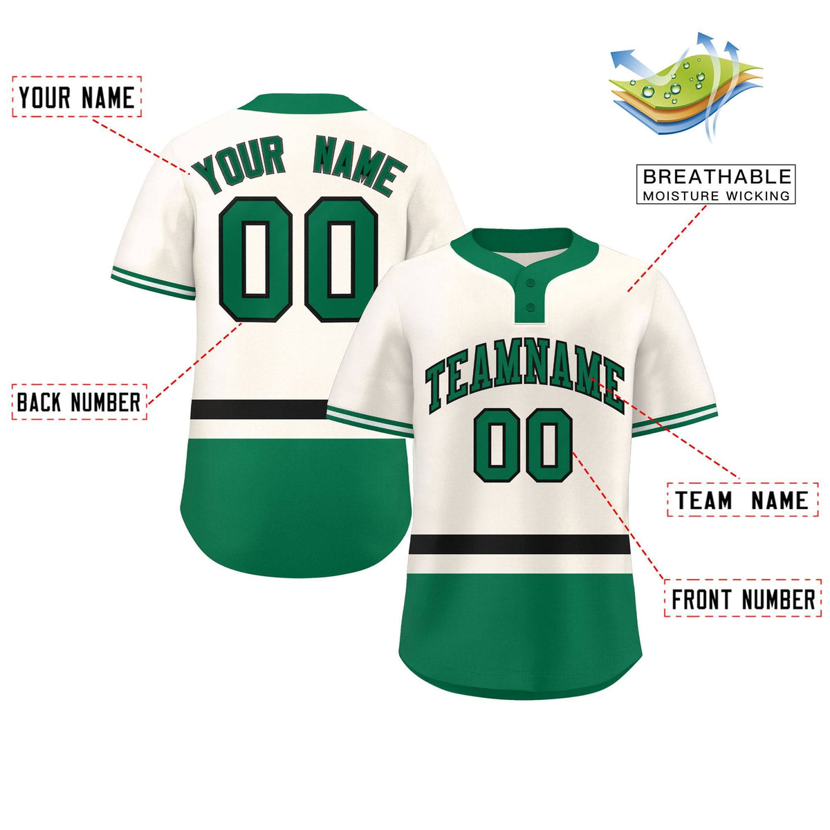 Custom Cream Black-Kelly Green Color Block Personalized Authentic Two-Button Softball Jersey