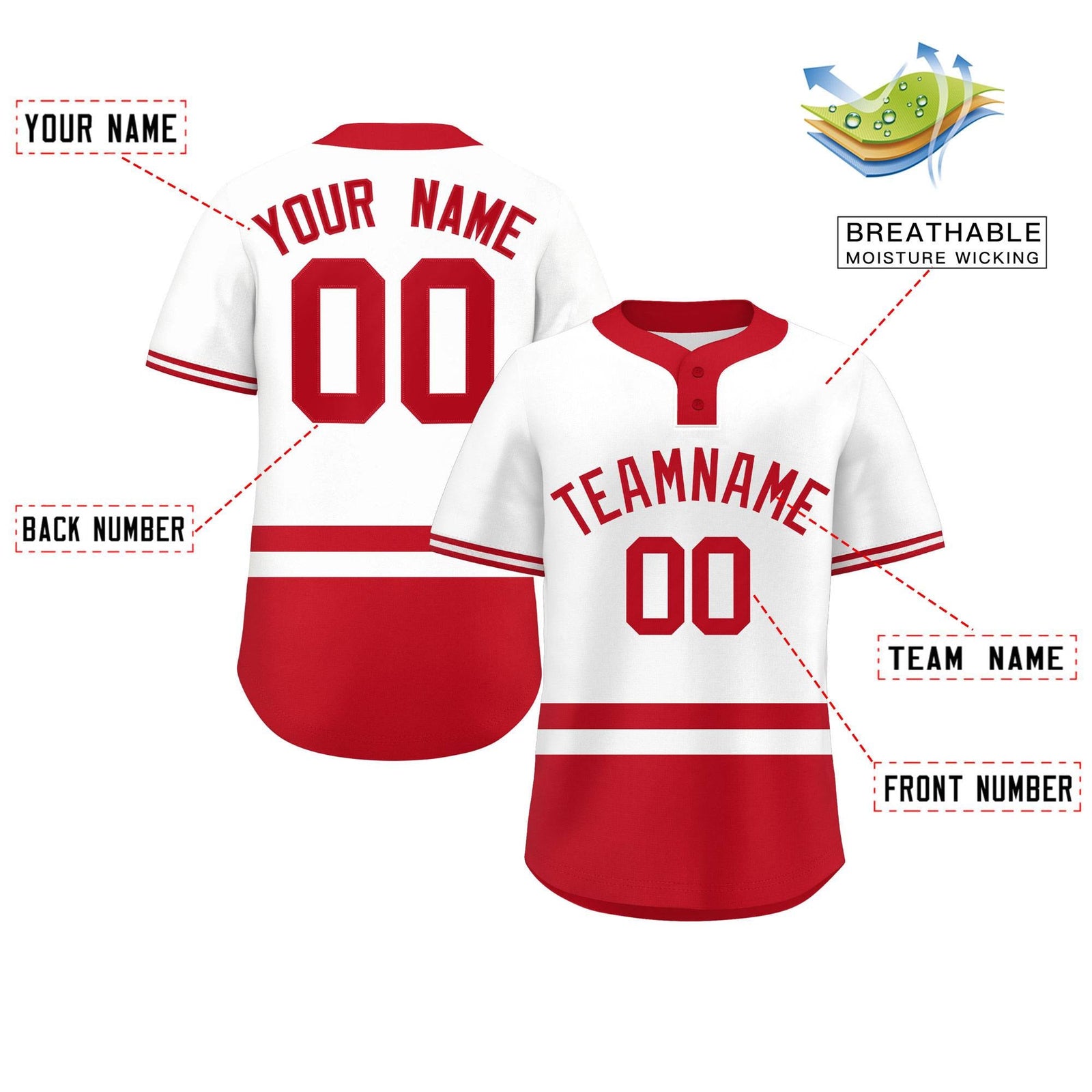 Custom White Red Color Block Personalized Authentic Two-Button Softball Jersey