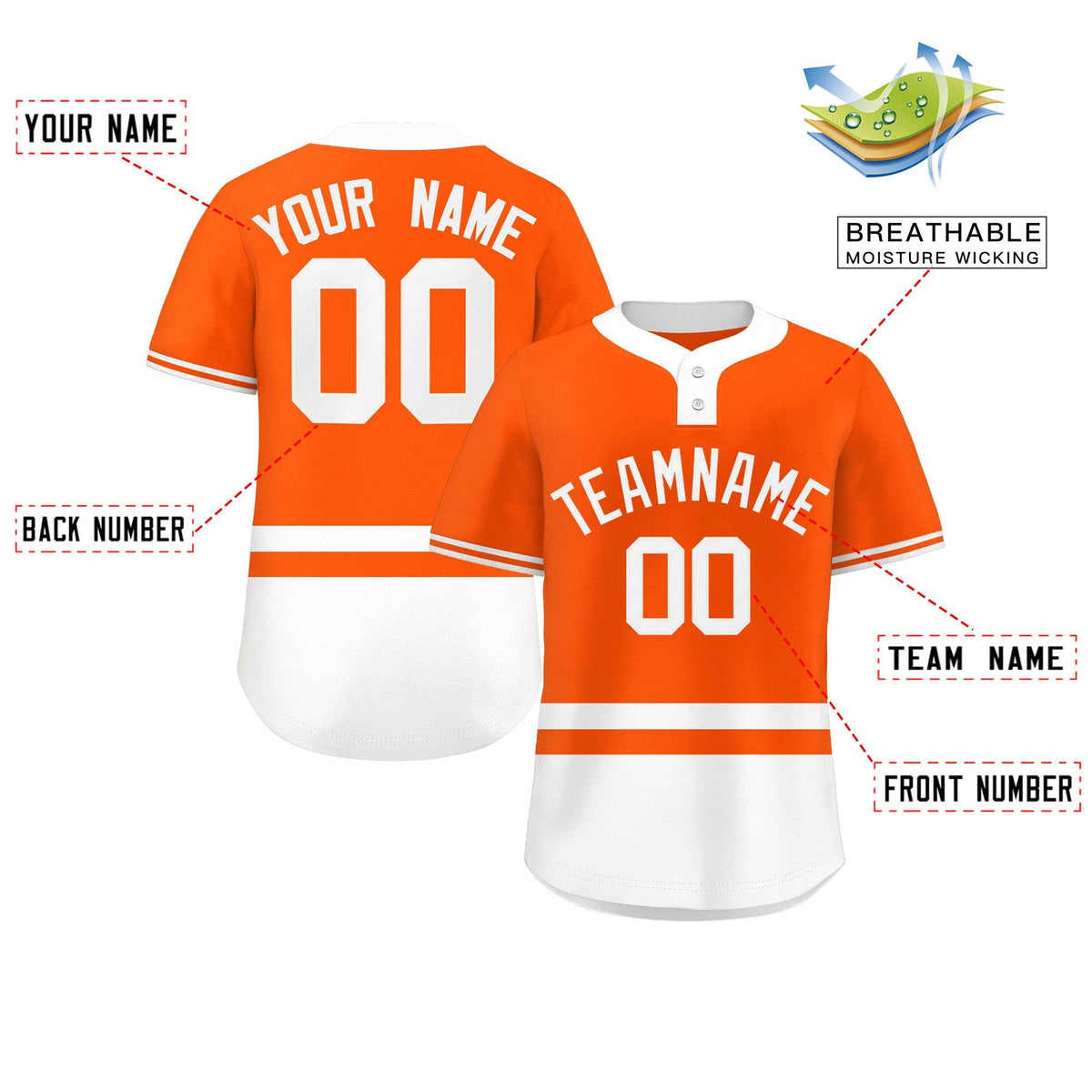 Custom Orange White Color Block Personalized Authentic Two-Button Softball Jersey