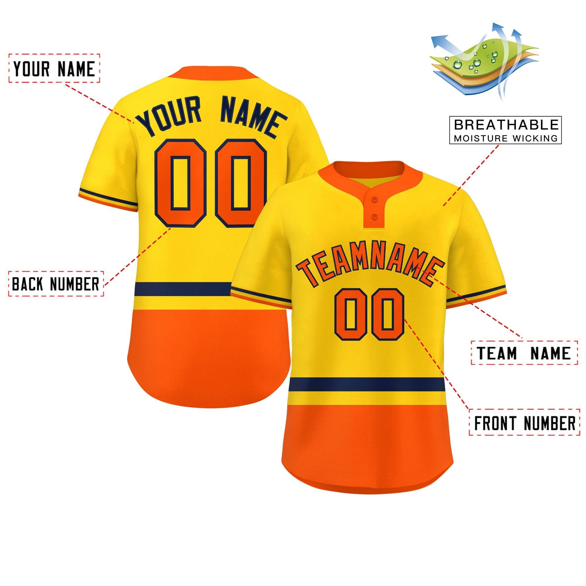 Custom Gold Navy-Orange Color Block Personalized Authentic Two-Button Softball Jersey