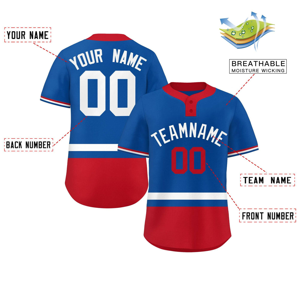 Custom Royal White-Red Color Block Personalized Authentic Two-Button Softball Jersey