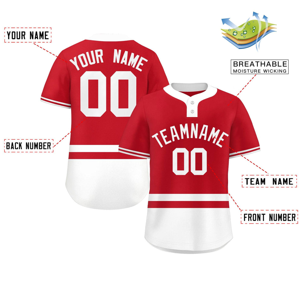 Custom Red White Color Block Personalized Authentic Two-Button Softball Jersey