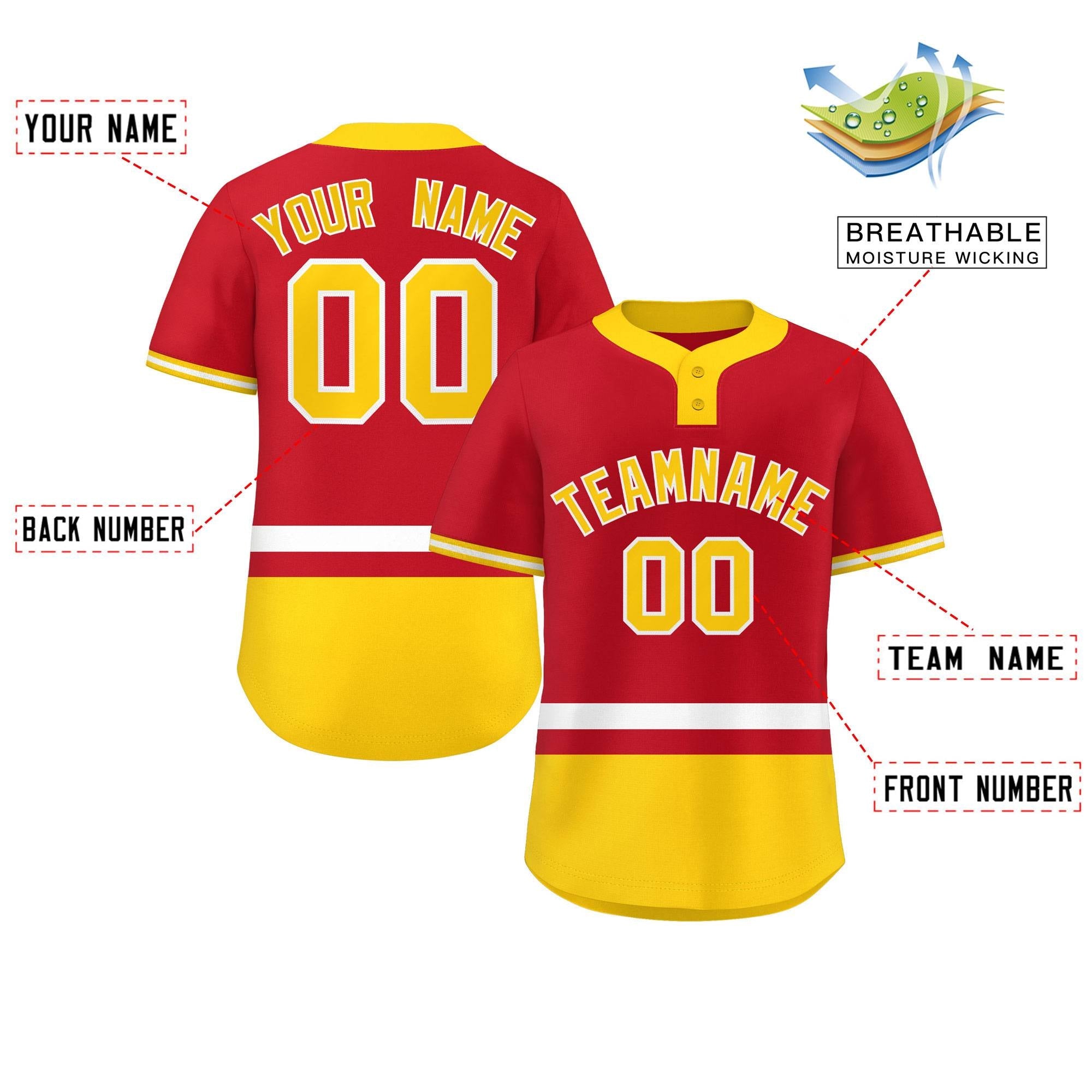Custom Red White-Gold Color Block Personalized Authentic Two-Button Softball Jersey