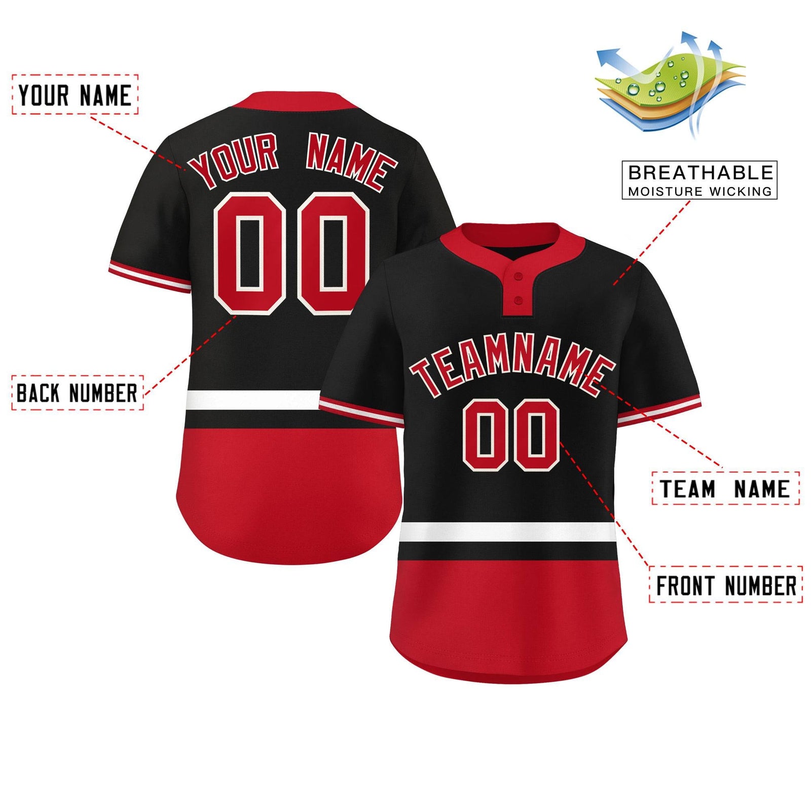 Custom Black White-Red Color Block Personalized Authentic Two-Button Softball Jersey