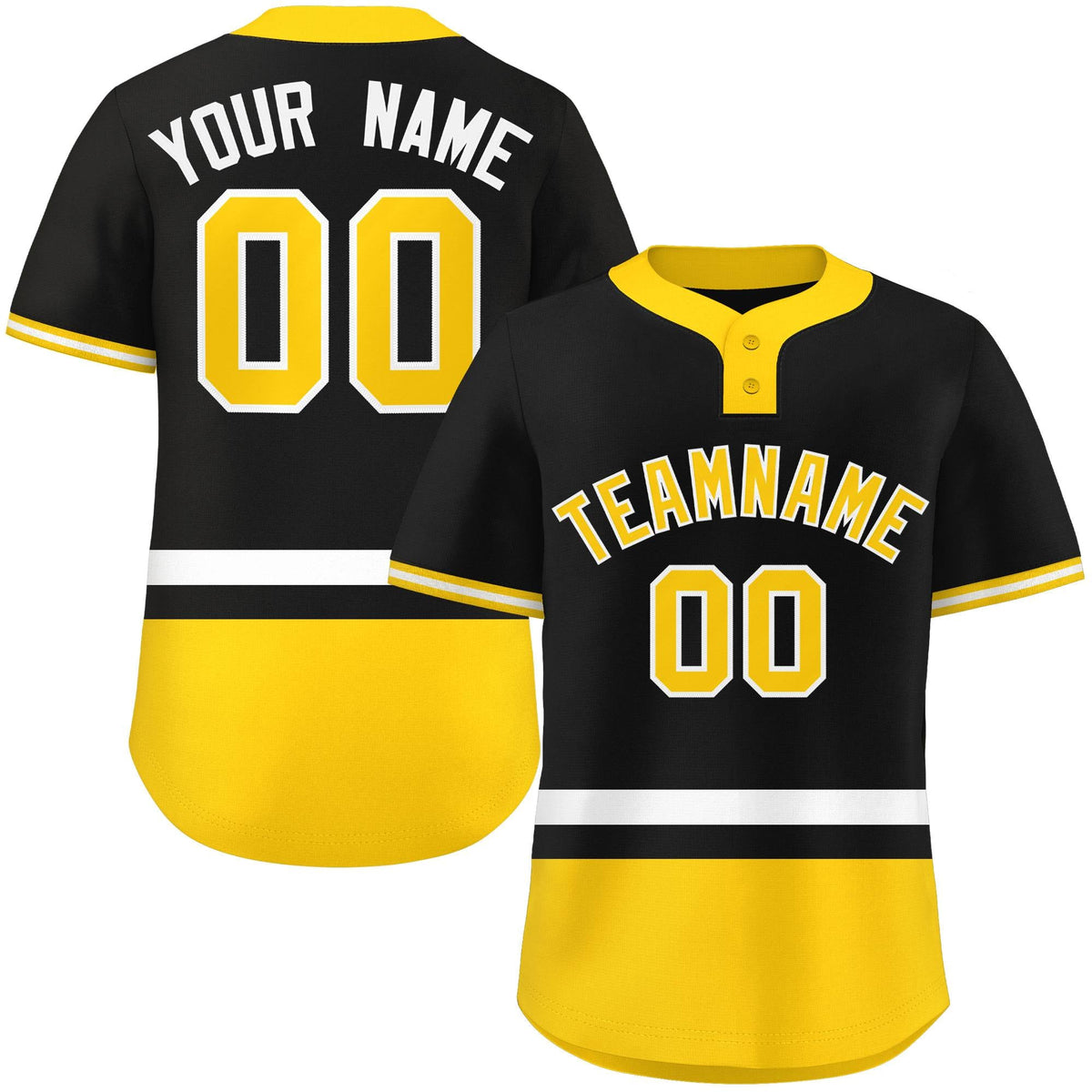Custom Black White-Gold Color Block Personalized Authentic Two-Button Softball Jersey