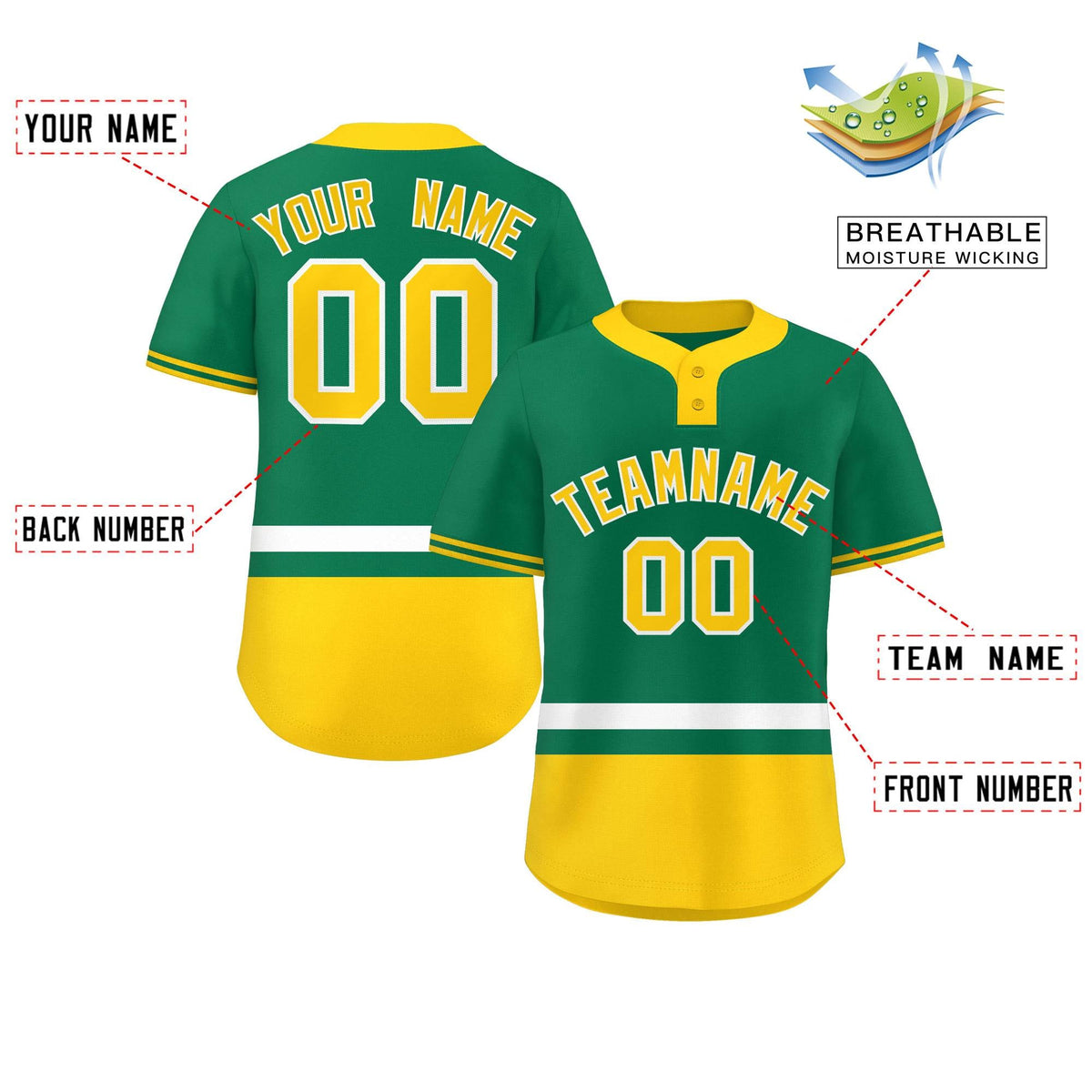Custom Kelly Green White-Gold Color Block Personalized Authentic Two-Button Softball Jersey
