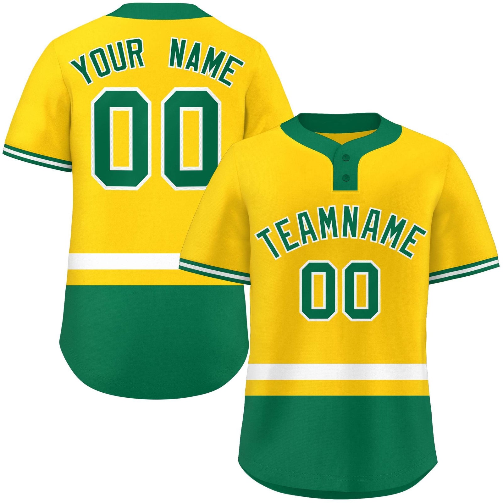 Custom Gold White-Kelly Green Color Block Personalized Authentic Two-Button Softball Jersey