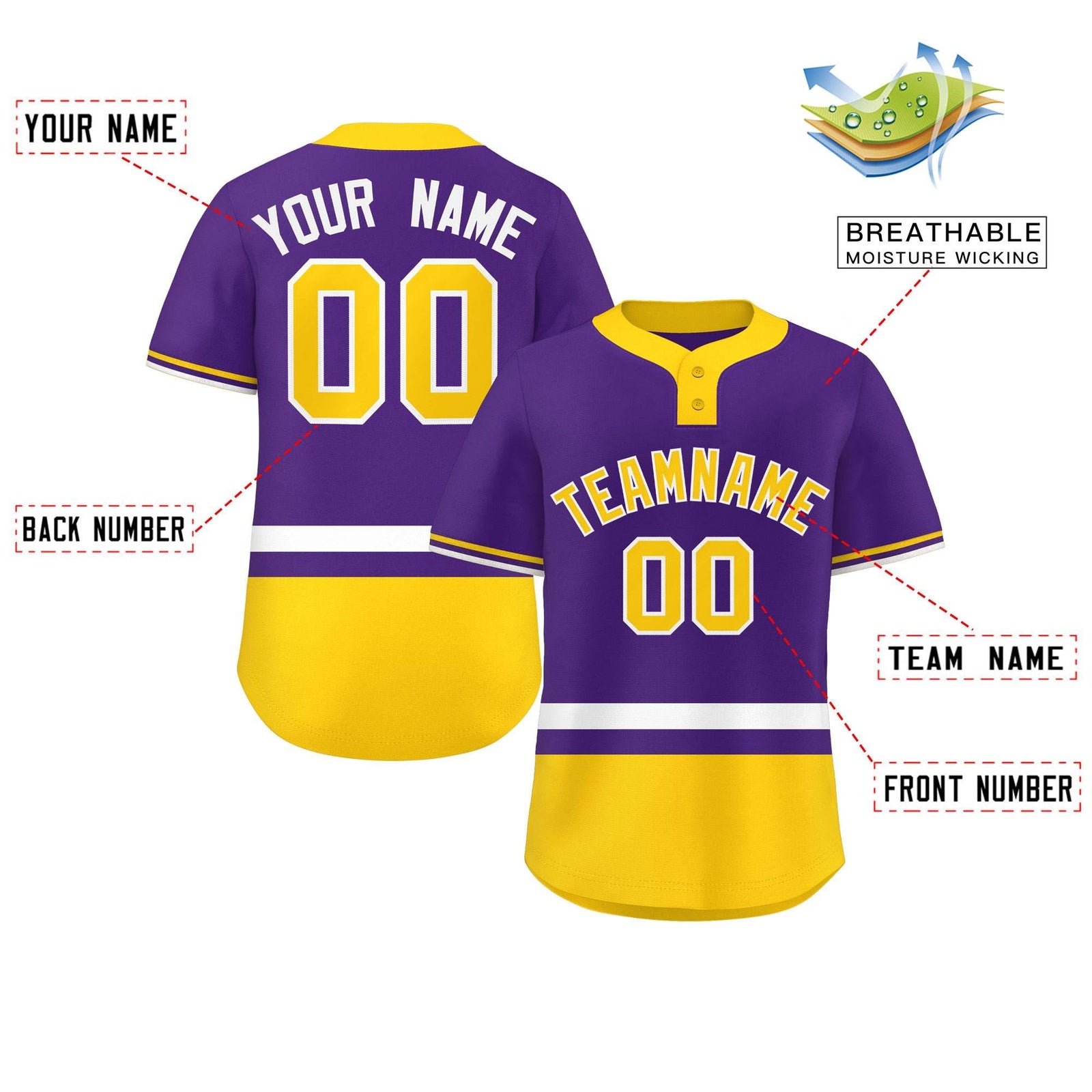Custom Purple White-Gold Color Block Personalized Authentic Two-Button Softball Jersey