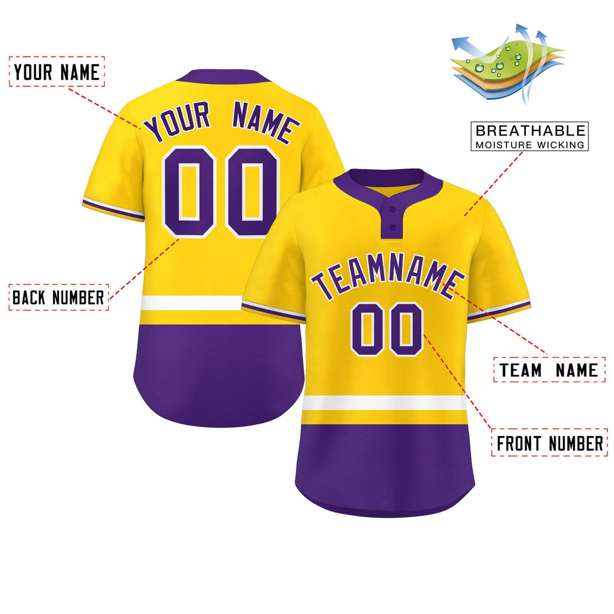 Custom Gold White-Purple Color Block Personalized Authentic Two-Button Softball Jersey