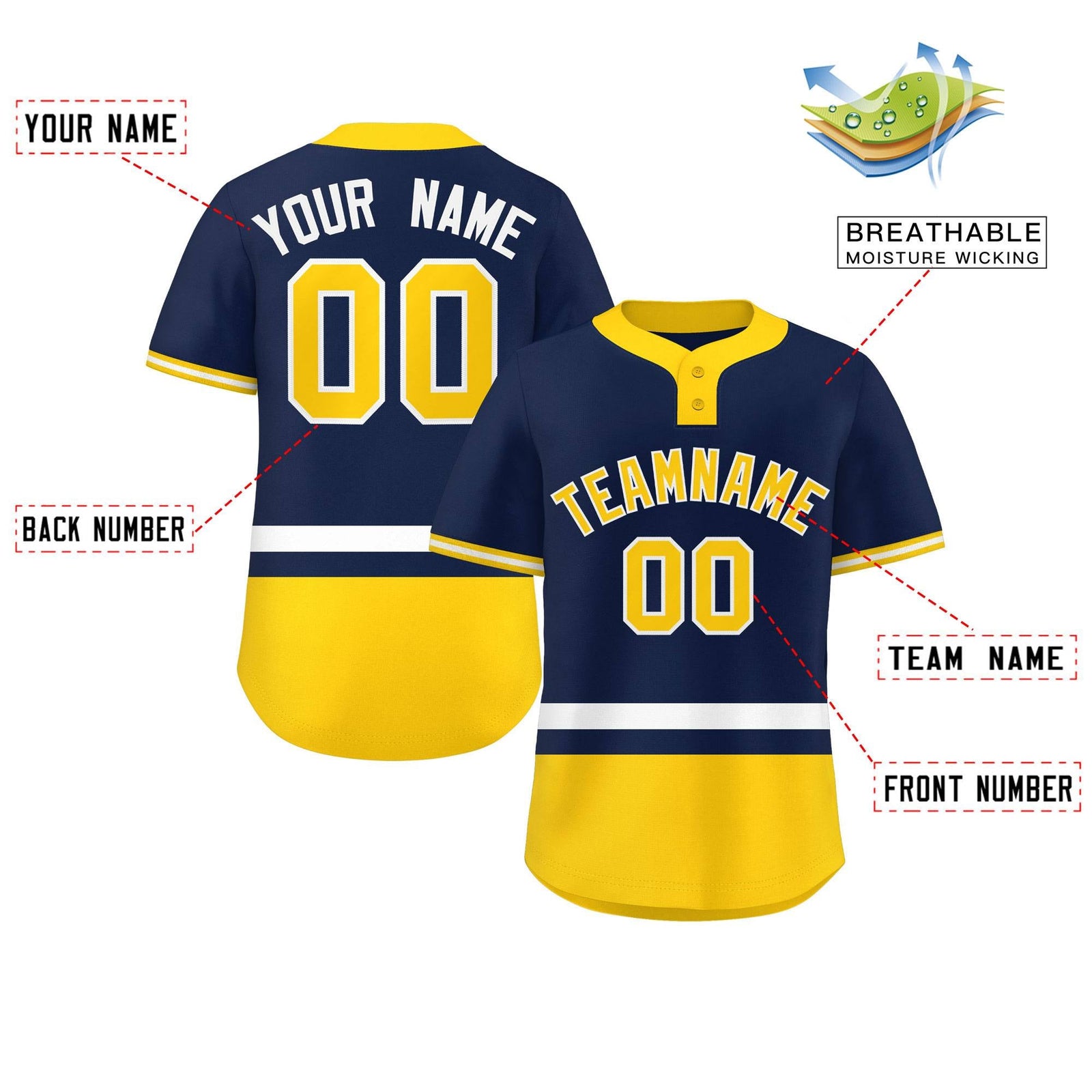 Custom Navy White-Gold Color Block Personalized Authentic Two-Button Softball Jersey