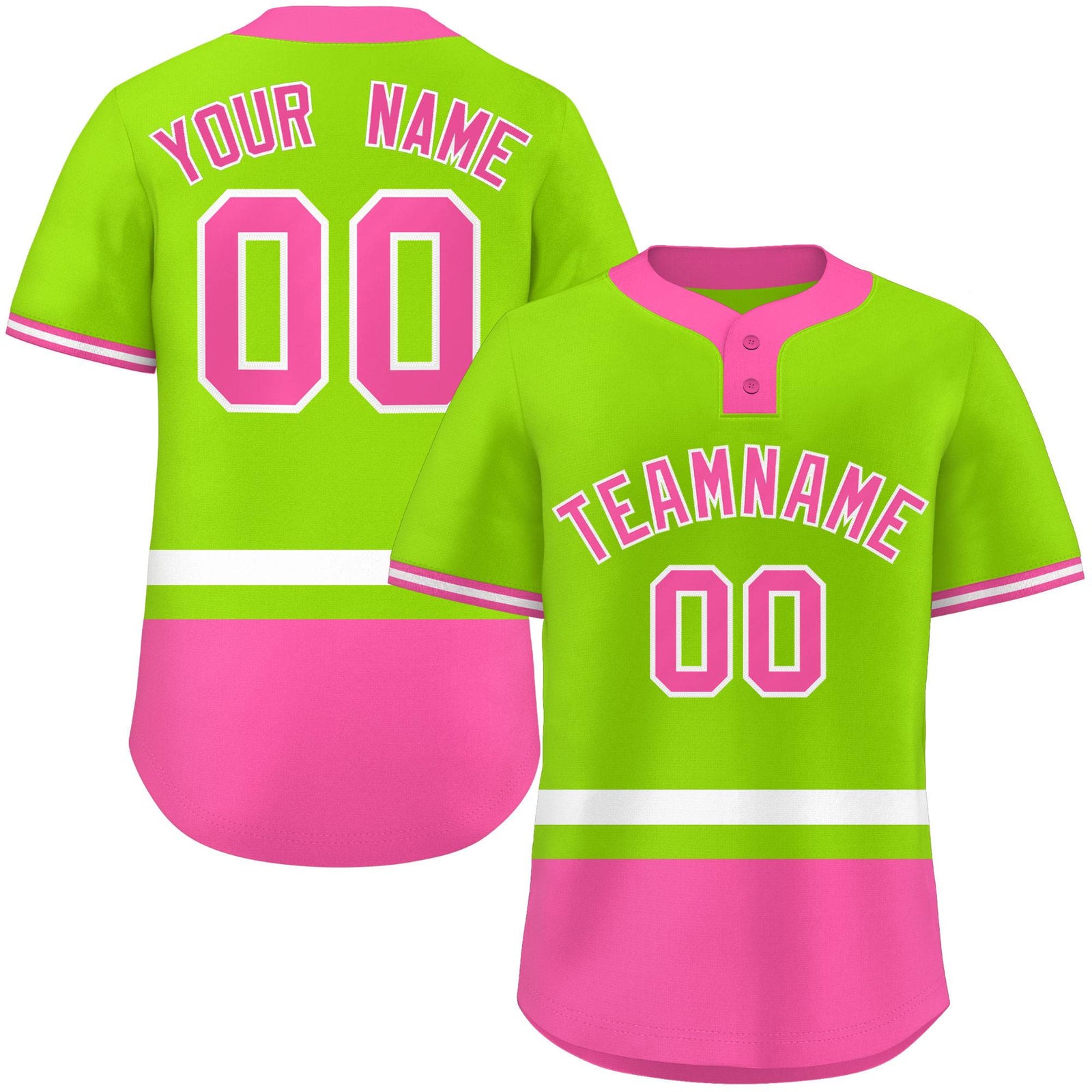 Custom Neon Green White-Pink Color Block Personalized Authentic Two-Button Softball Jersey