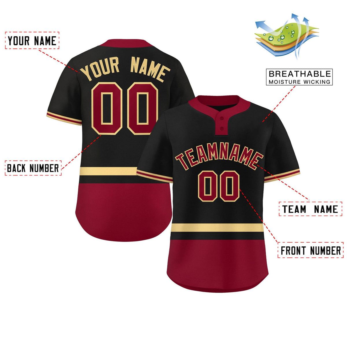 Custom Black Khaki-Crimson Color Block Personalized Authentic Two-Button Softball Jersey