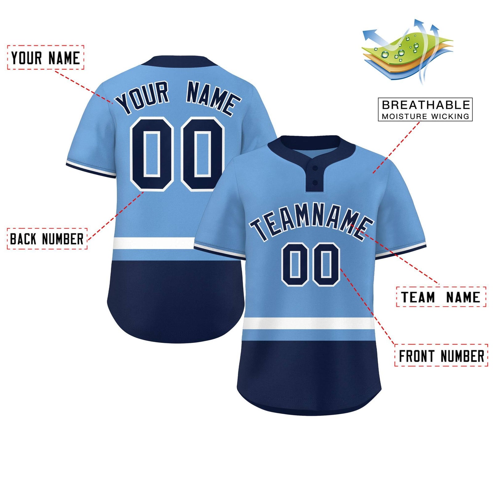Custom Light Blue White-Navy Color Block Personalized Authentic Two-Button Softball Jersey