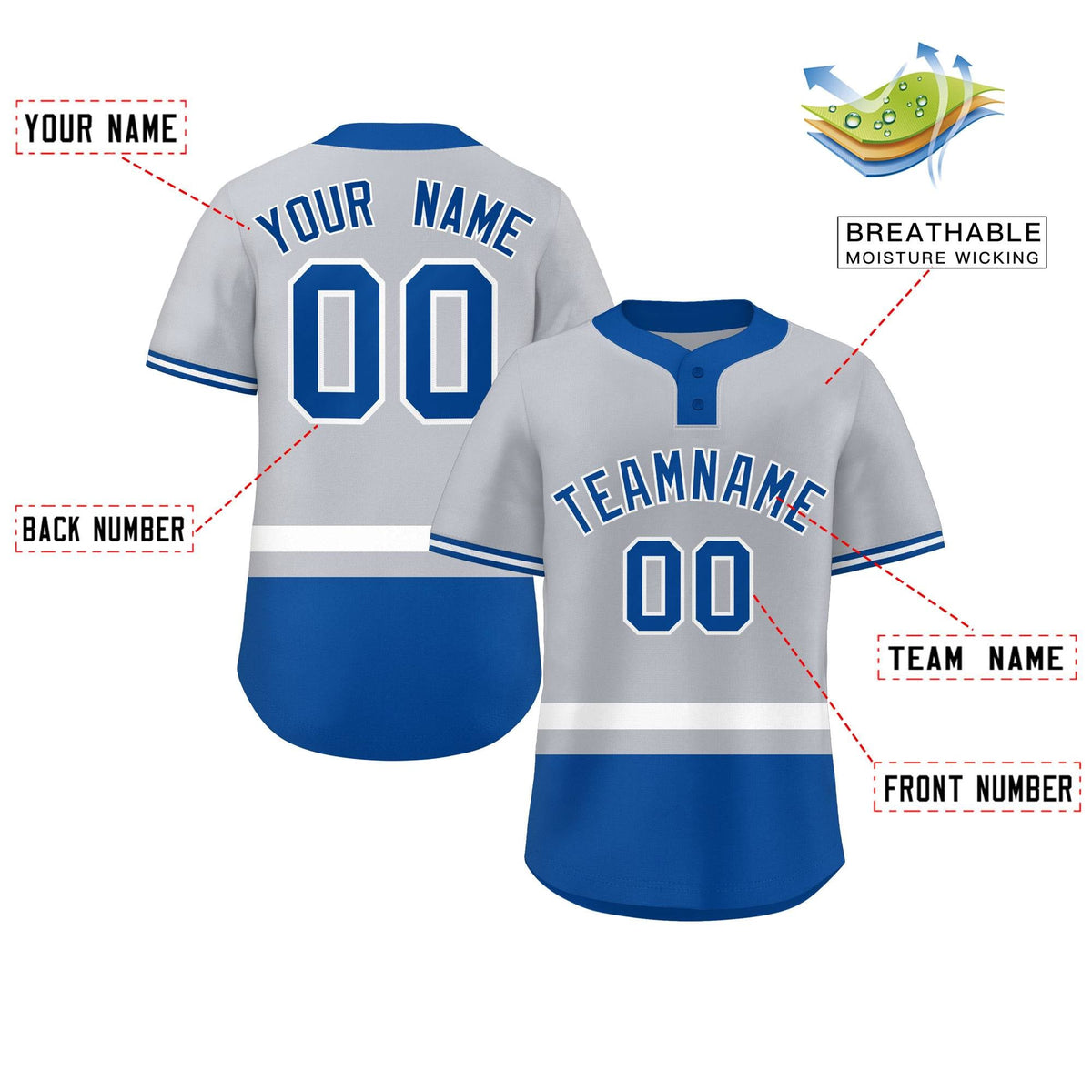 Custom Gray White-Royal Color Block Personalized Authentic Two-Button Softball Jersey