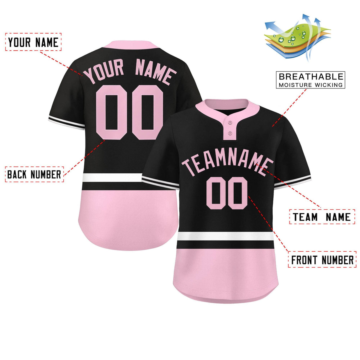 Custom Black White-Lt Pink Color Block Personalized Authentic Two-Button Softball Jersey