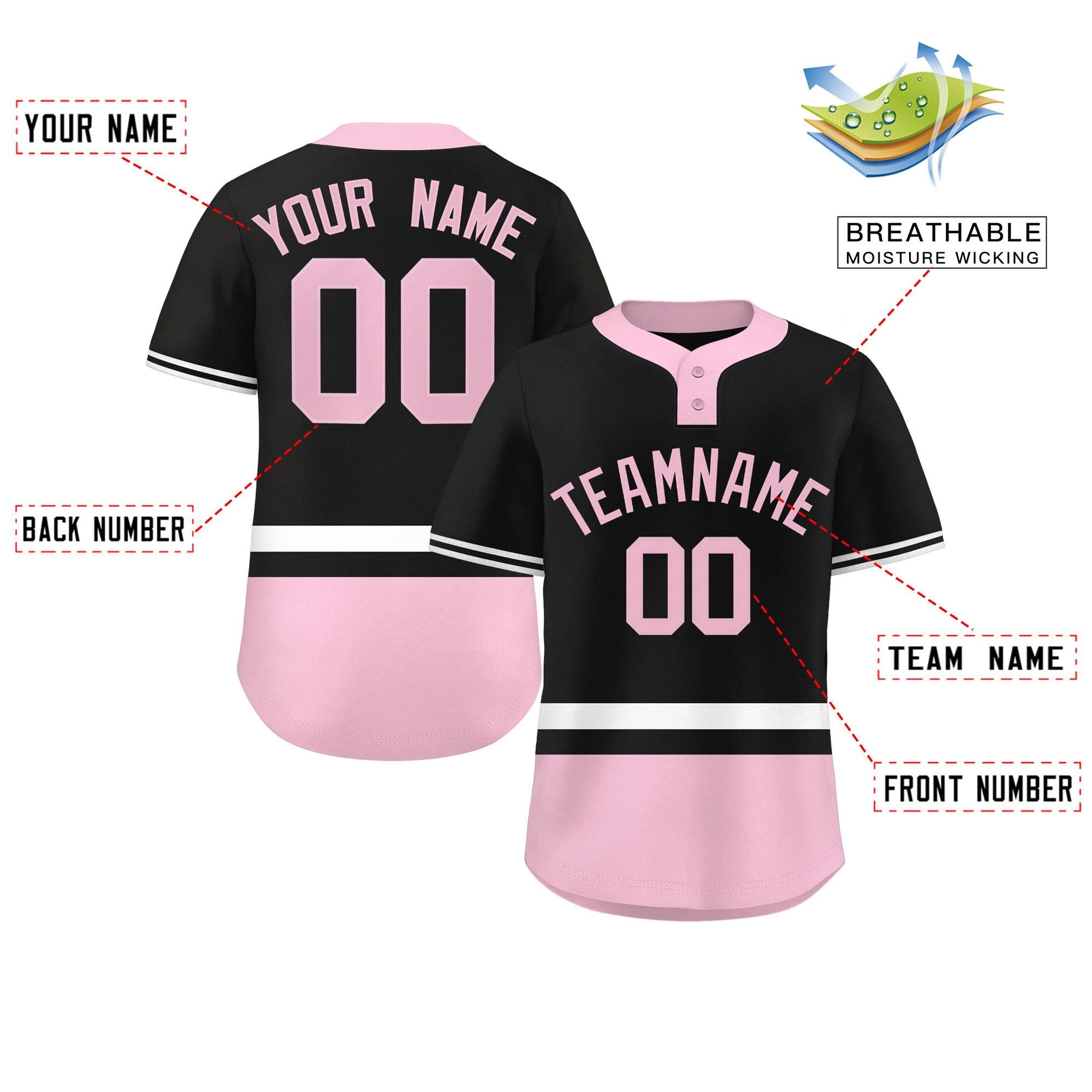 Custom Black White-Lt Pink Color Block Personalized Authentic Two-Button Softball Jersey