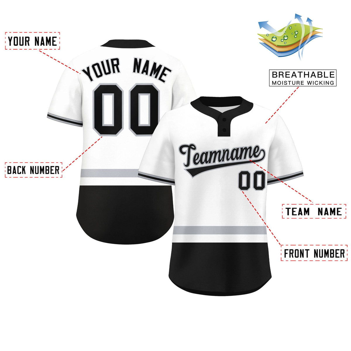 Custom White Gray-Black Color Block Personalized Authentic Two-Button Softball Jersey