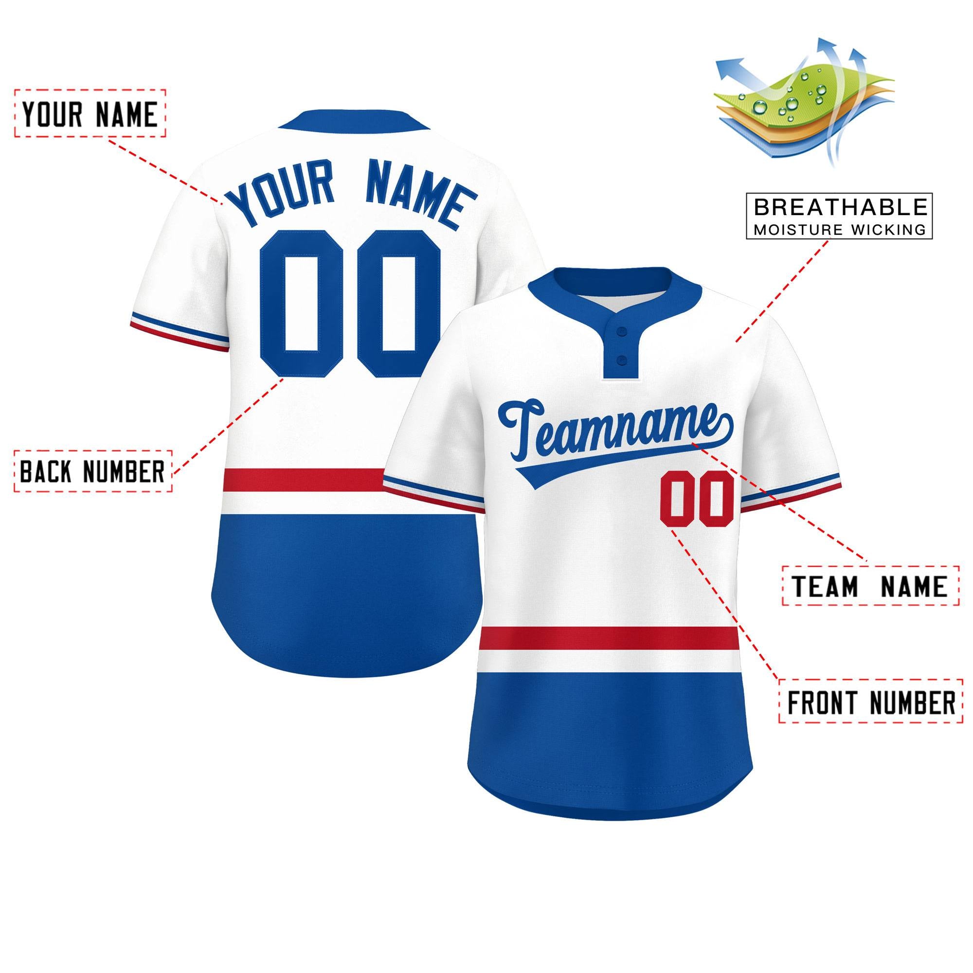 Custom White Red-Royal Color Block Personalized Authentic Two-Button Softball Jersey