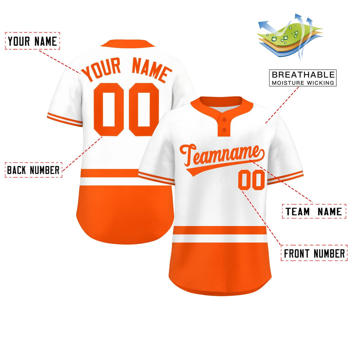 Custom White Orange Color Block Personalized Authentic Two-Button Softball Jersey