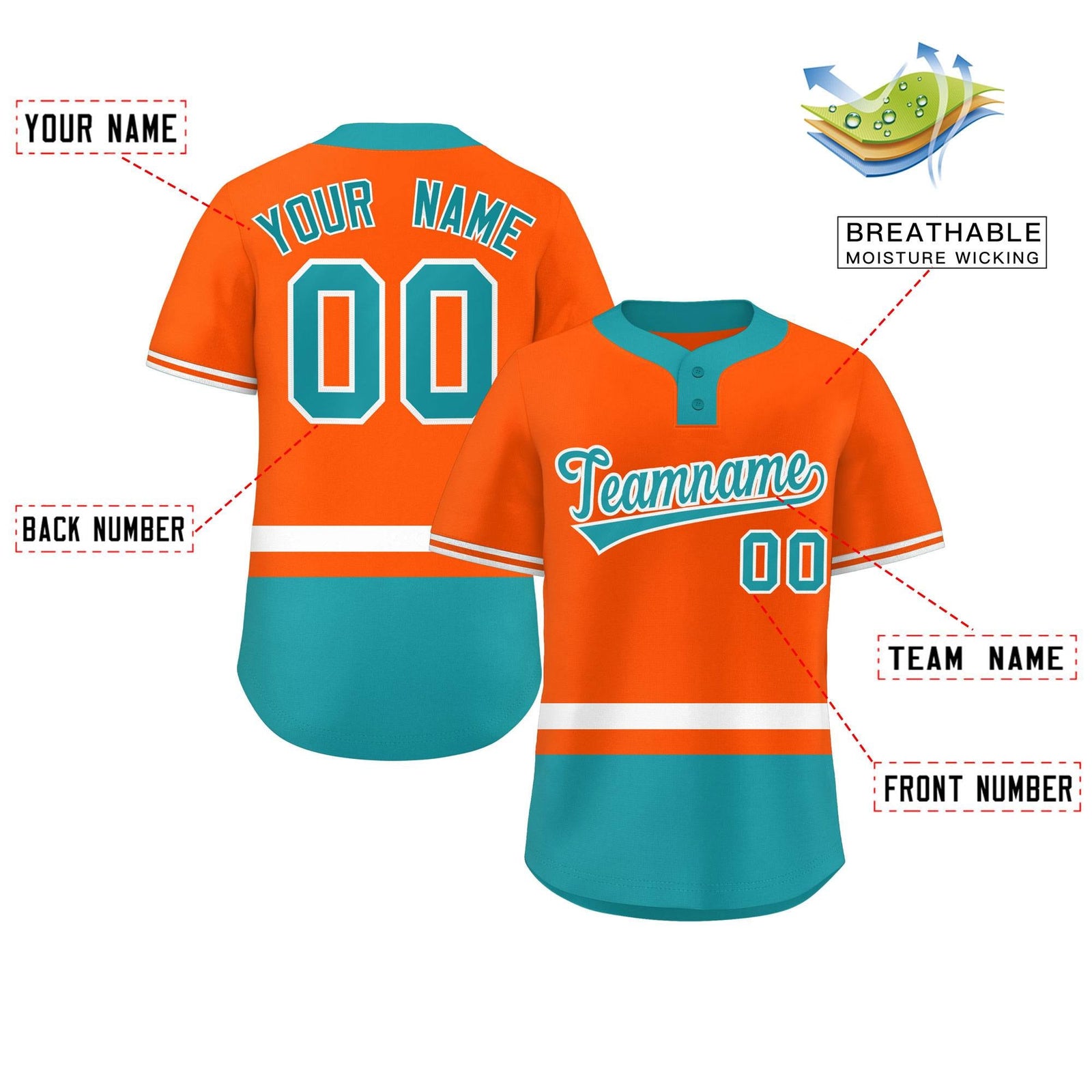 Custom Orange White-Aqua Color Block Personalized Authentic Two-Button Softball Jersey
