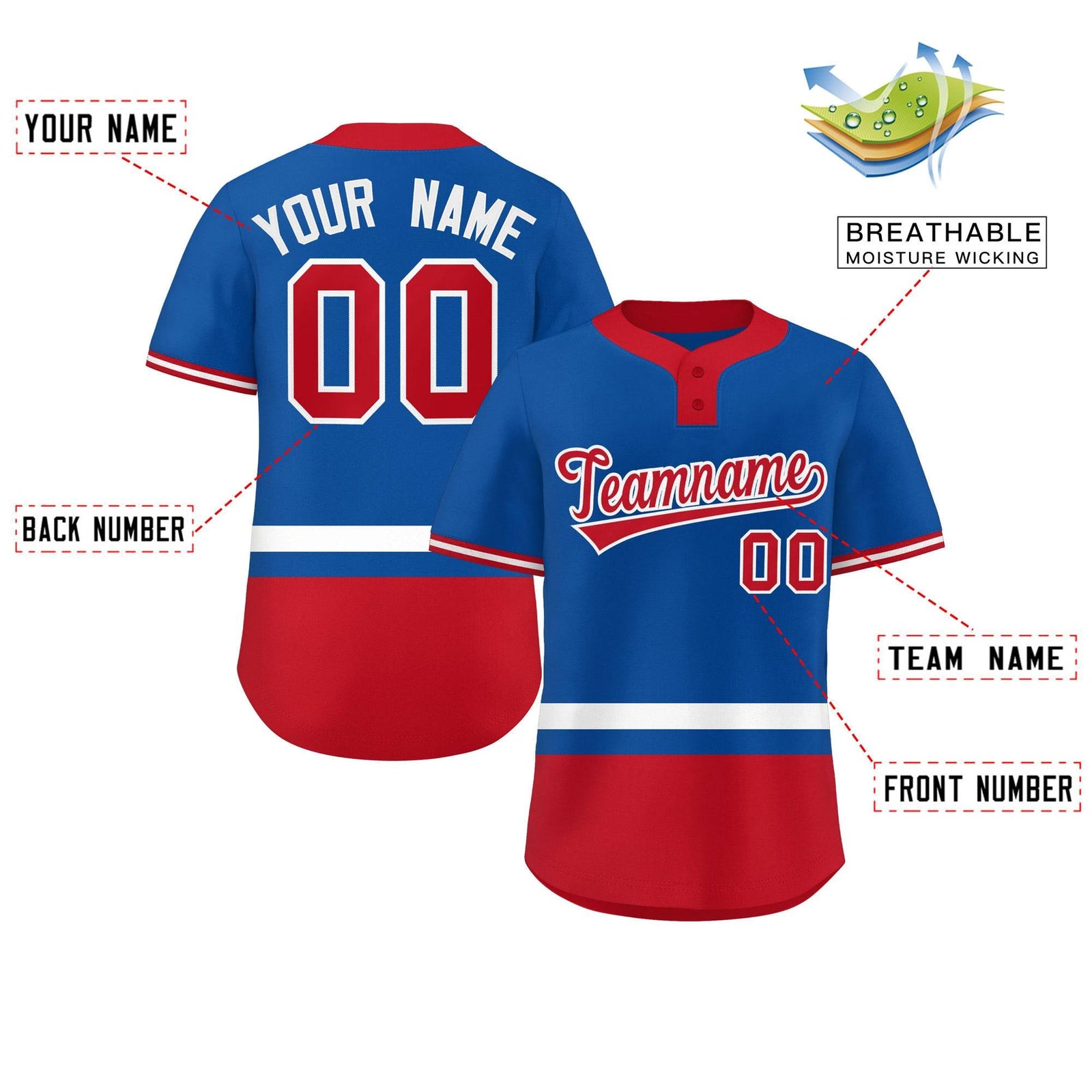 Custom Royal White-Red Color Block Personalized Authentic Two-Button Softball Jersey