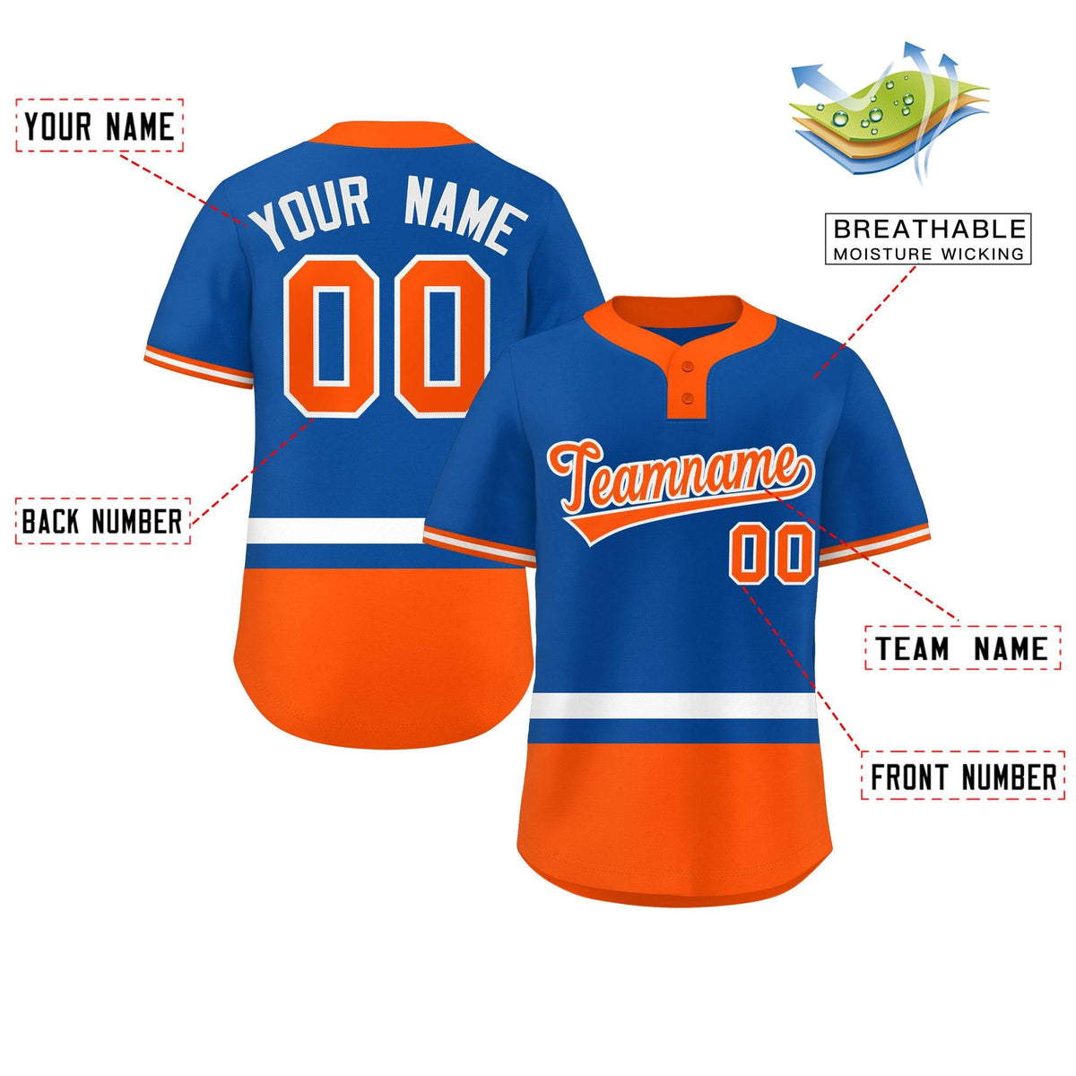 Custom Royal White-Orange Color Block Personalized Authentic Two-Button Softball Jersey