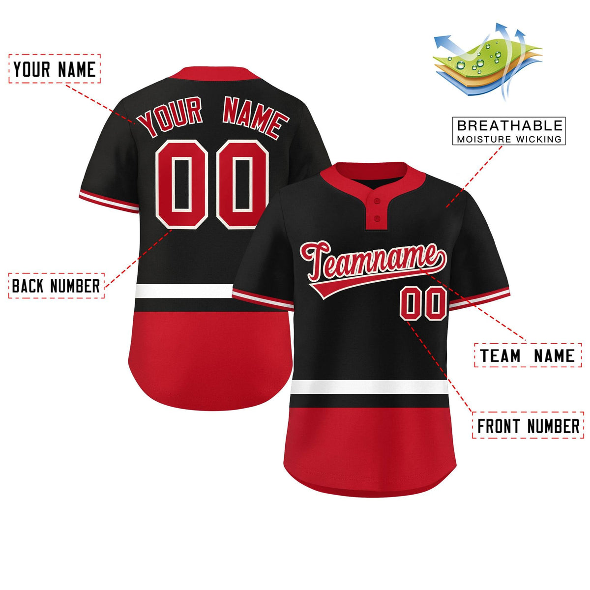 Custom Black White-Red Color Block Personalized Authentic Two-Button Softball Jersey
