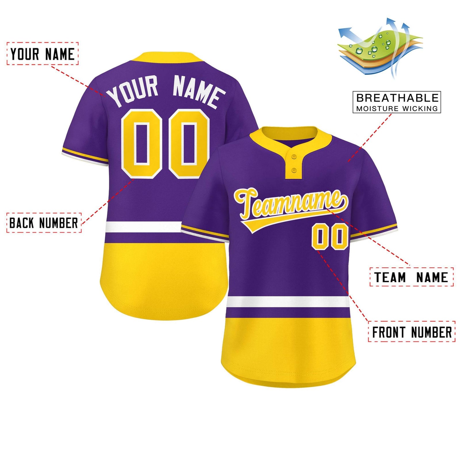 Custom Purple White-Gold Color Block Personalized Authentic Two-Button Softball Jersey