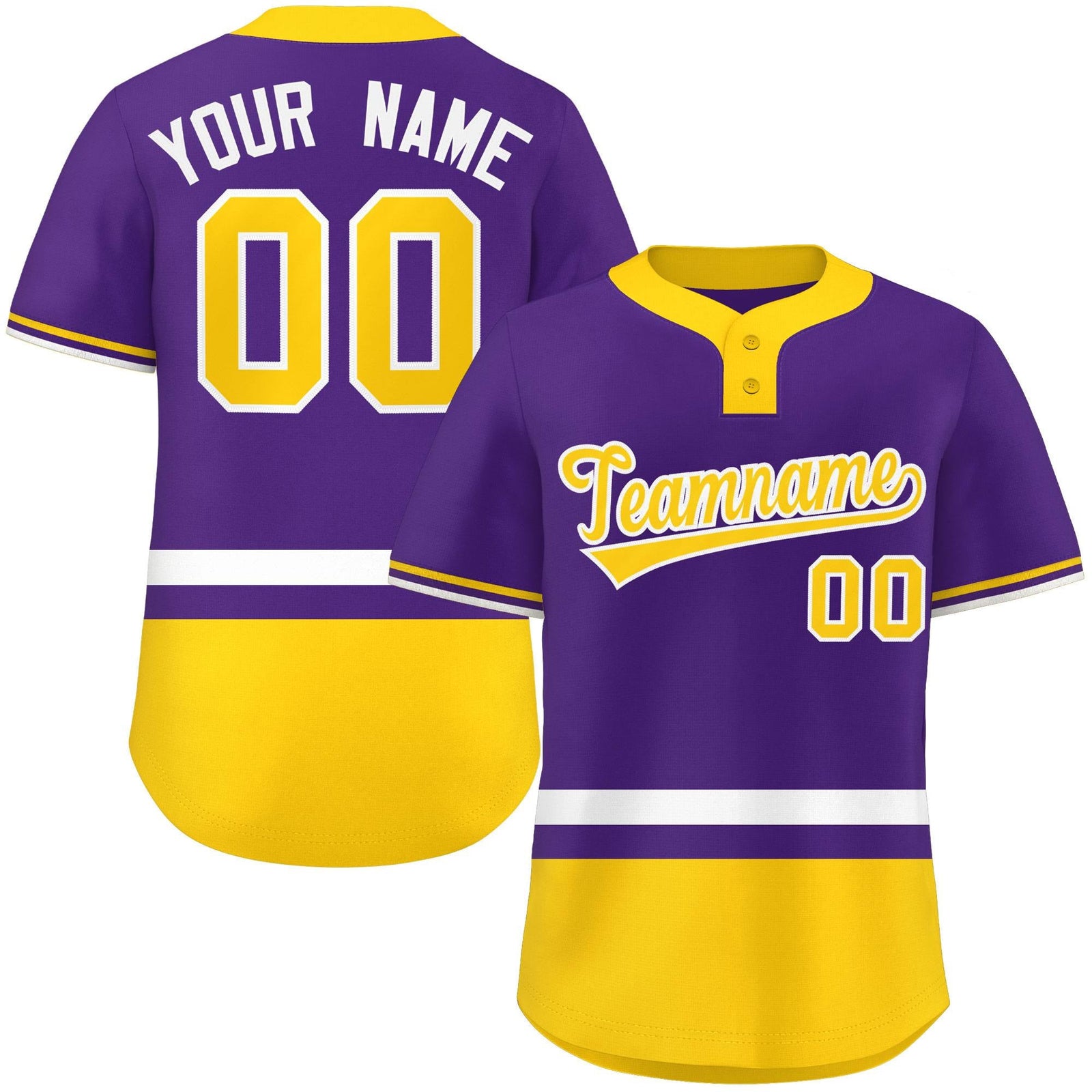 Custom Purple White-Gold Color Block Personalized Authentic Two-Button Softball Jersey