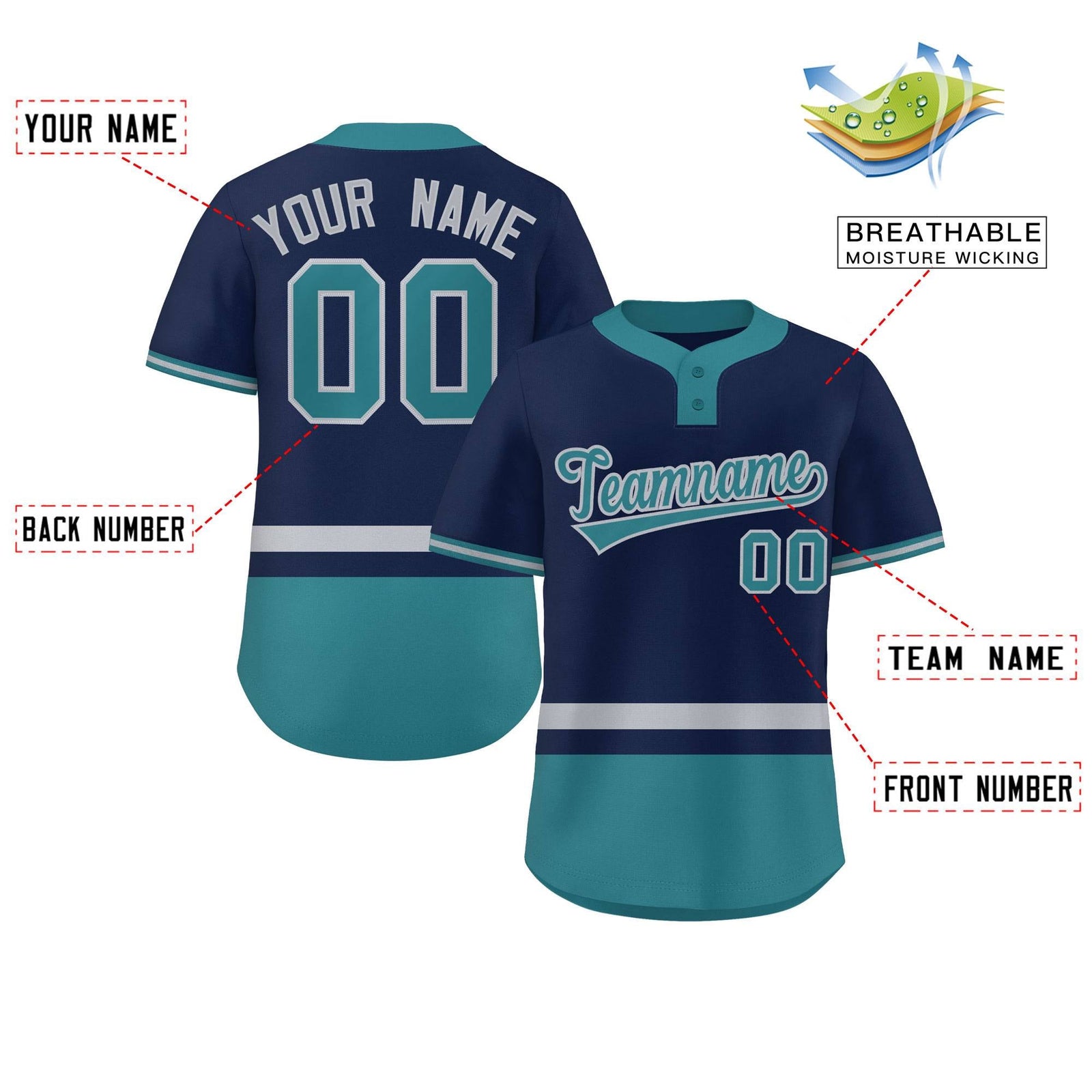 Custom Navy Gray-Aqua Color Block Personalized Authentic Two-Button Softball Jersey