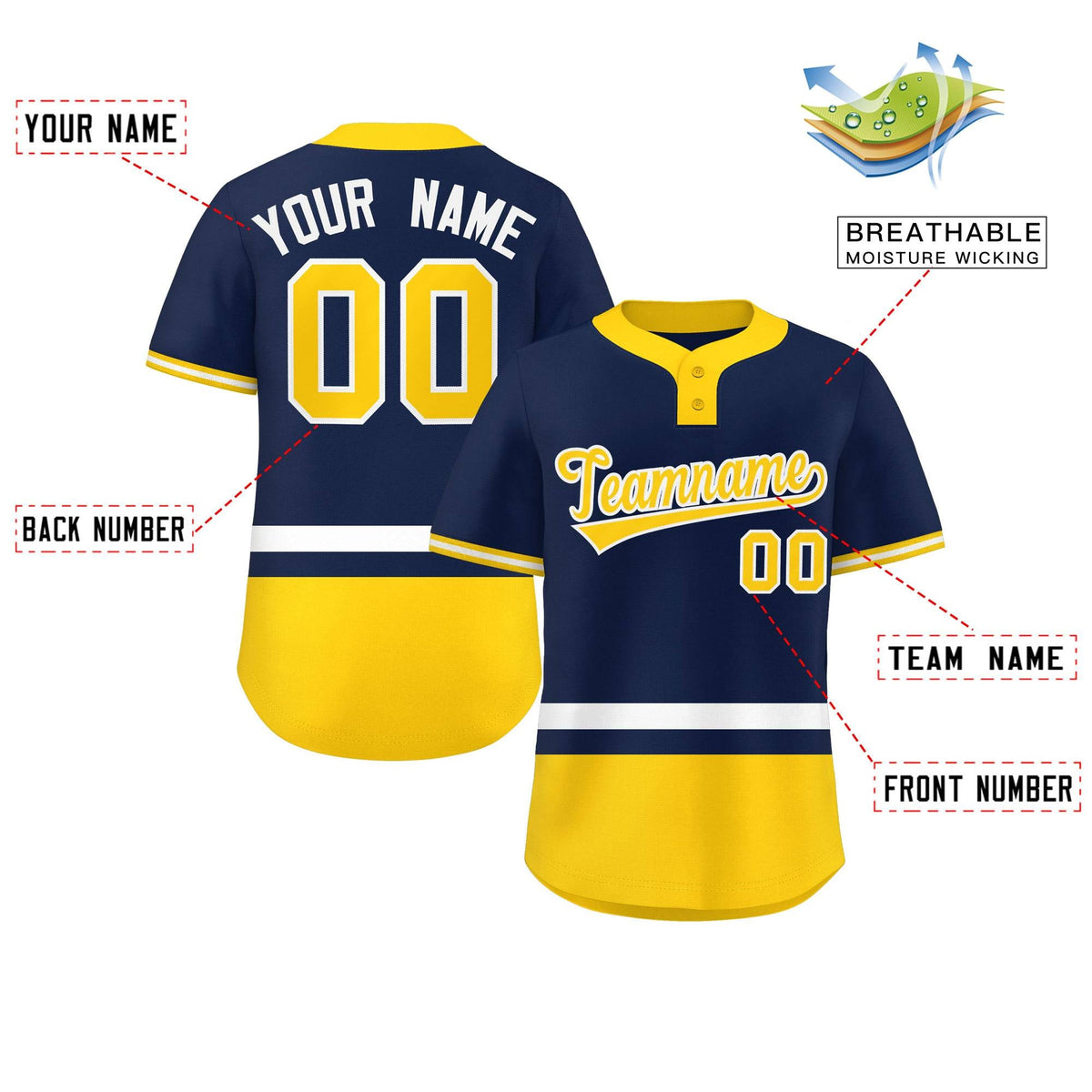 Custom Navy White-Gold Color Block Personalized Authentic Two-Button Softball Jersey