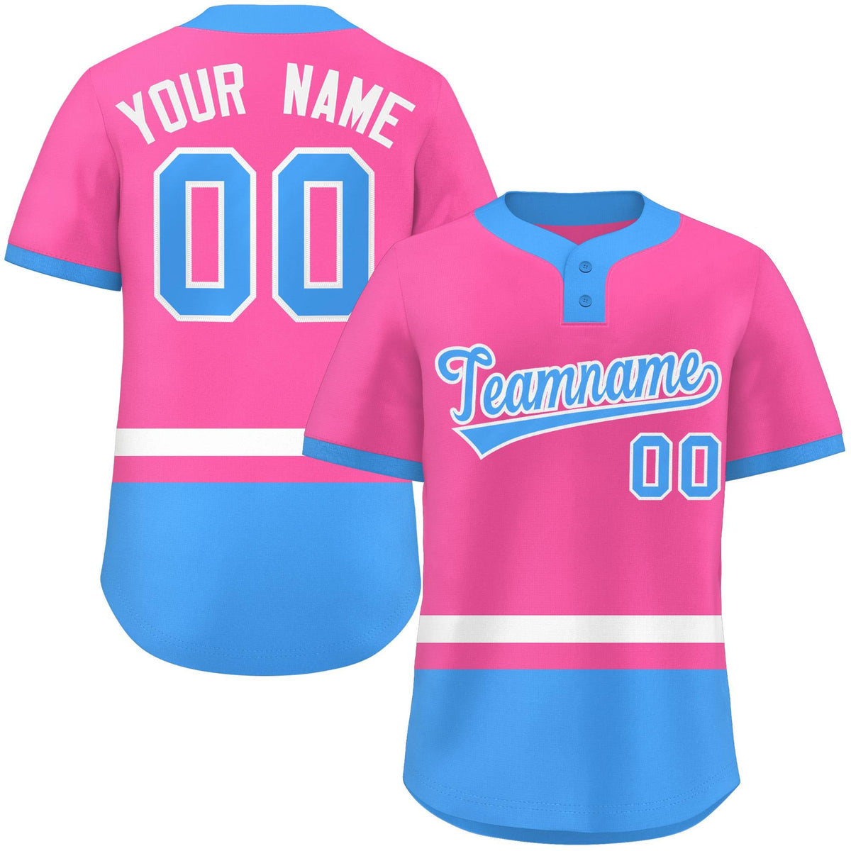 Custom Pink White-Powder Blue Color Block Personalized Authentic Two-Button Softball Jersey