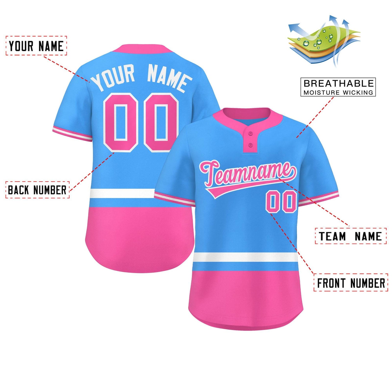 Custom Powder Blue White-Pink Color Block Personalized Authentic Two-Button Softball Jersey