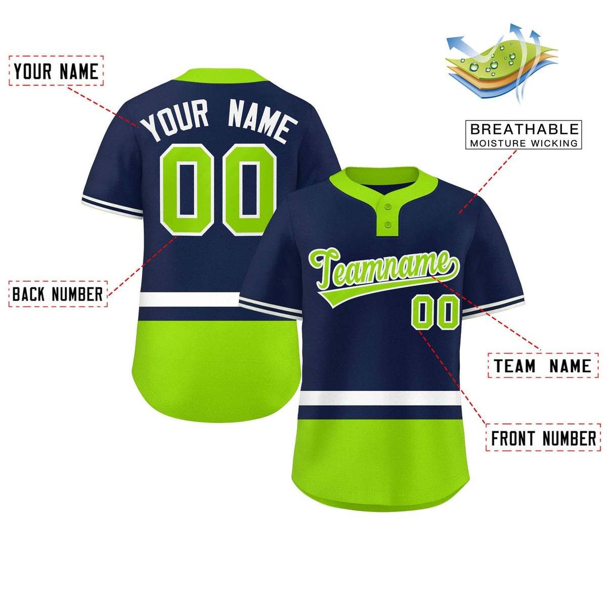Custom Navy White-Neon Green Color Block Personalized Authentic Two-Button Softball Jersey