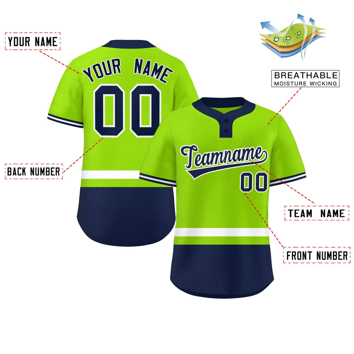 Custom Neon Green White-Navy Color Block Personalized Authentic Two-Button Softball Jersey