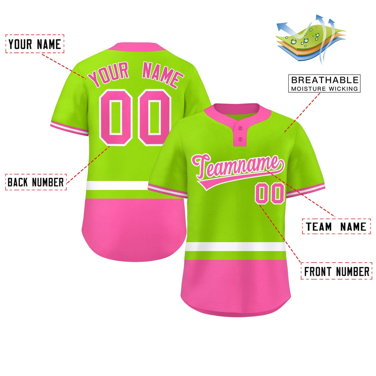 Custom Neon Green White-Pink Color Block Personalized Authentic Two-Button Softball Jersey