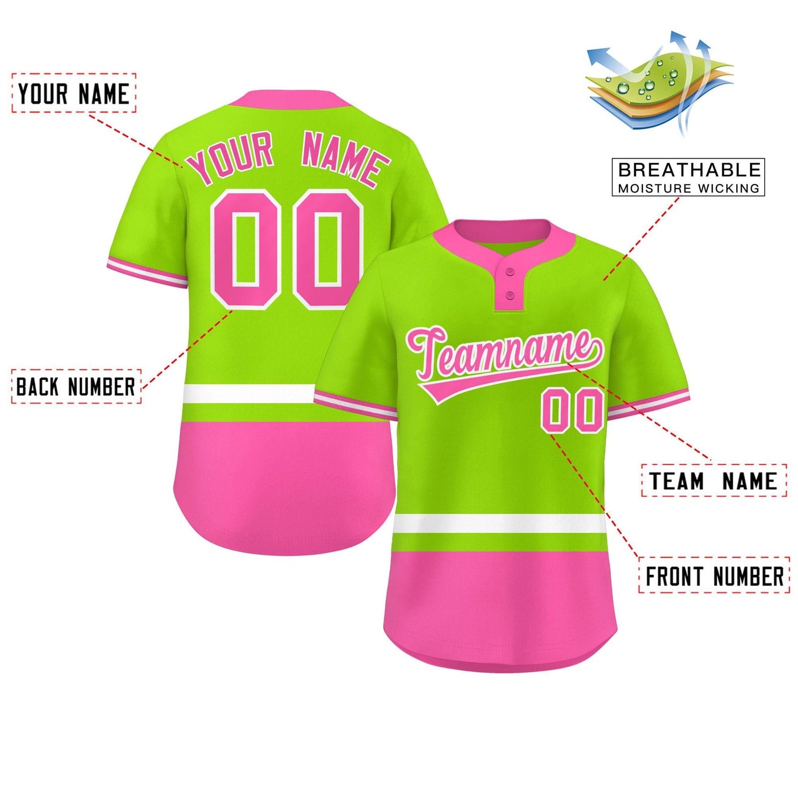 Custom Neon Green White-Pink Color Block Personalized Authentic Two-Button Softball Jersey