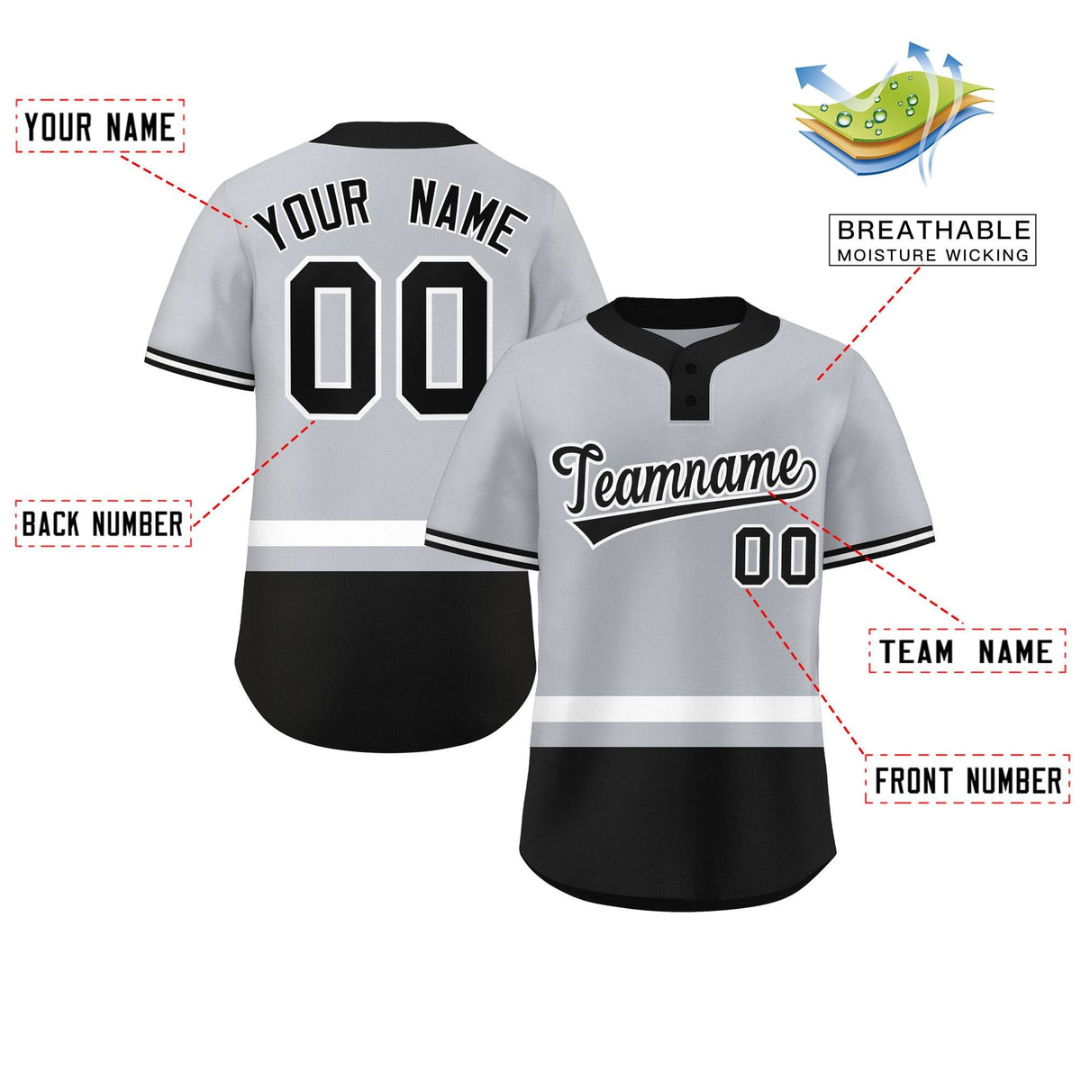 Custom Gray White-Black Color Block Personalized Authentic Two-Button Softball Jersey