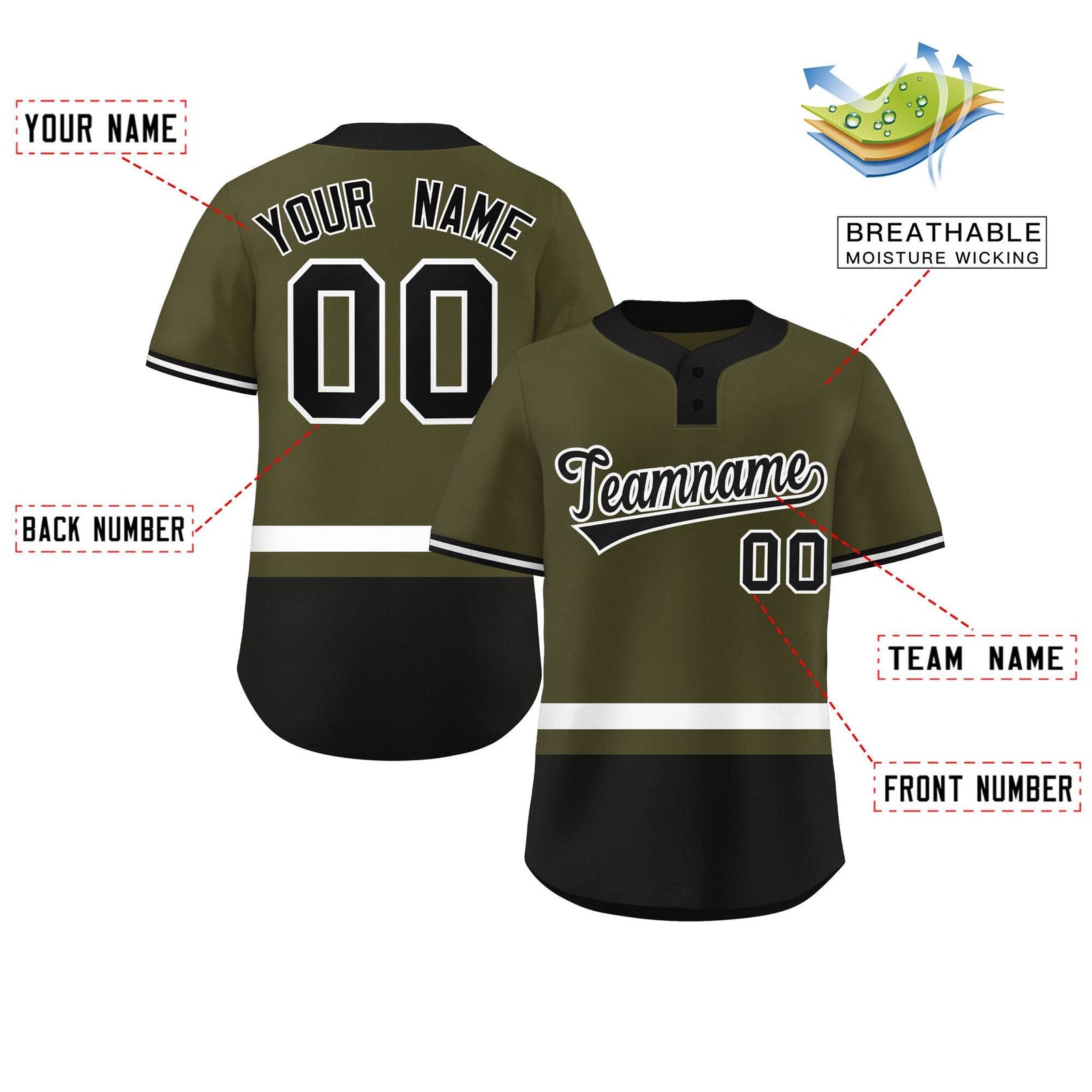 Custom Olive White-Black Color Block Personalized Authentic Two-Button Softball Jersey