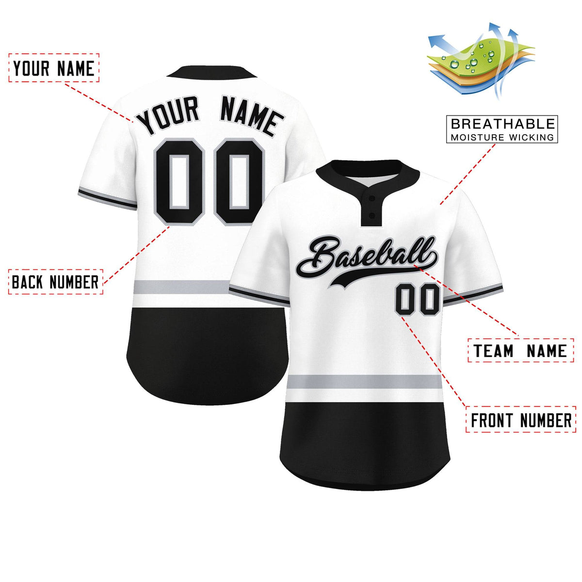 Custom White Gray-Black Color Block Personalized Authentic Two-Button Softball Jersey