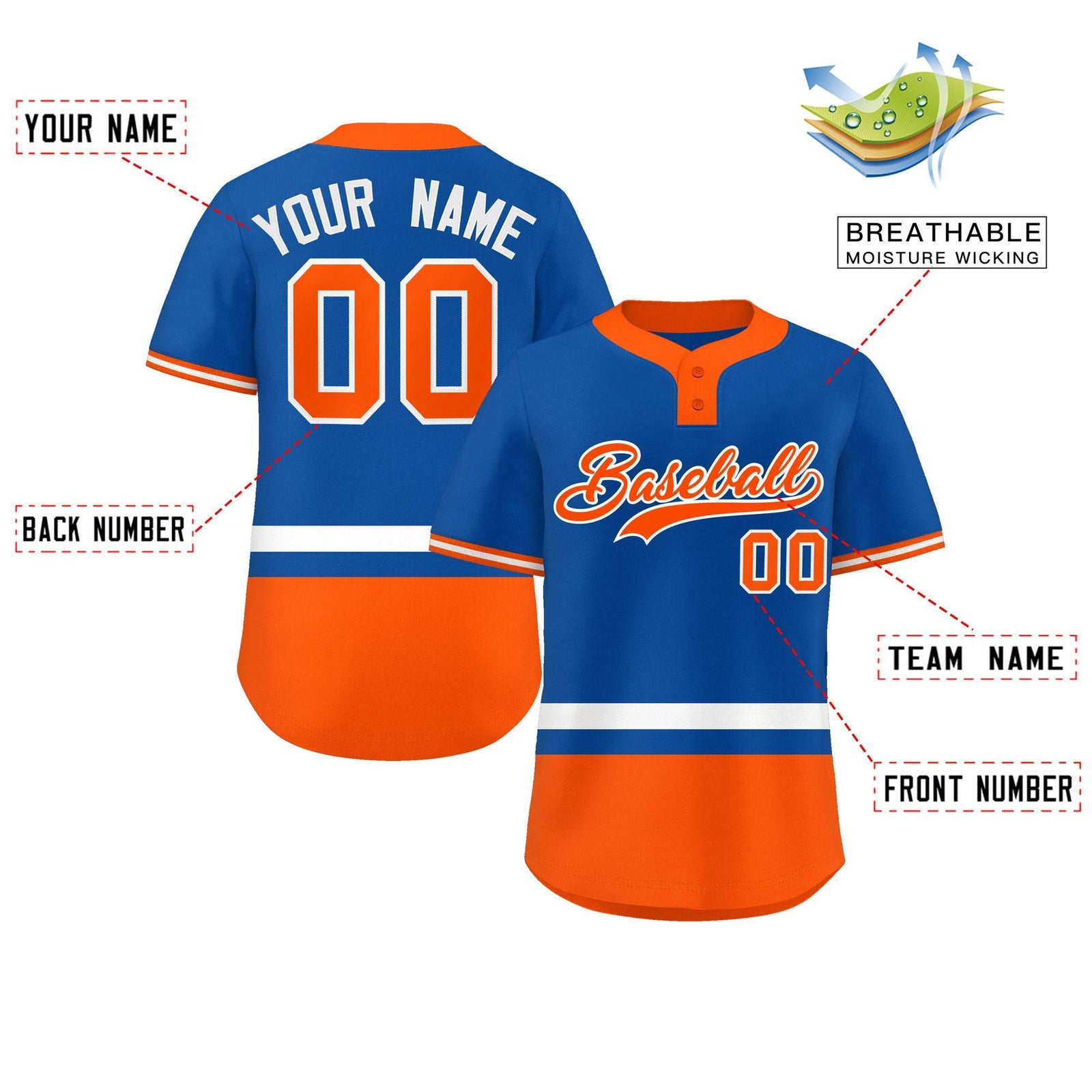 Custom Royal White-Orange Color Block Personalized Authentic Two-Button Softball Jersey