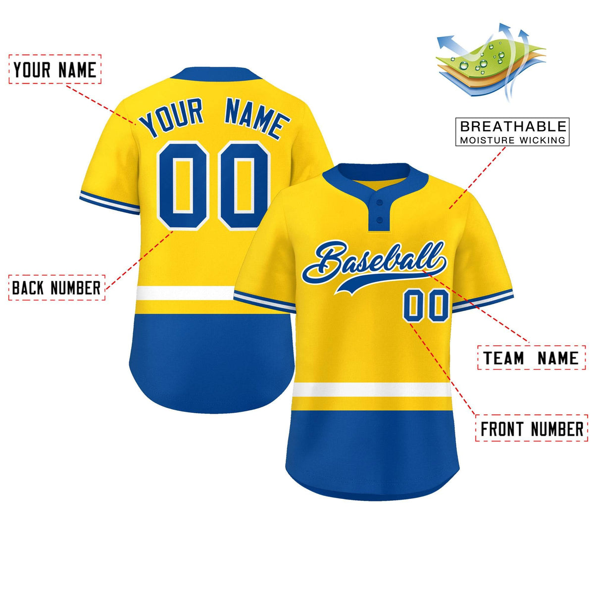 Custom Gold White-Royal Color Block Personalized Authentic Two-Button Softball Jersey