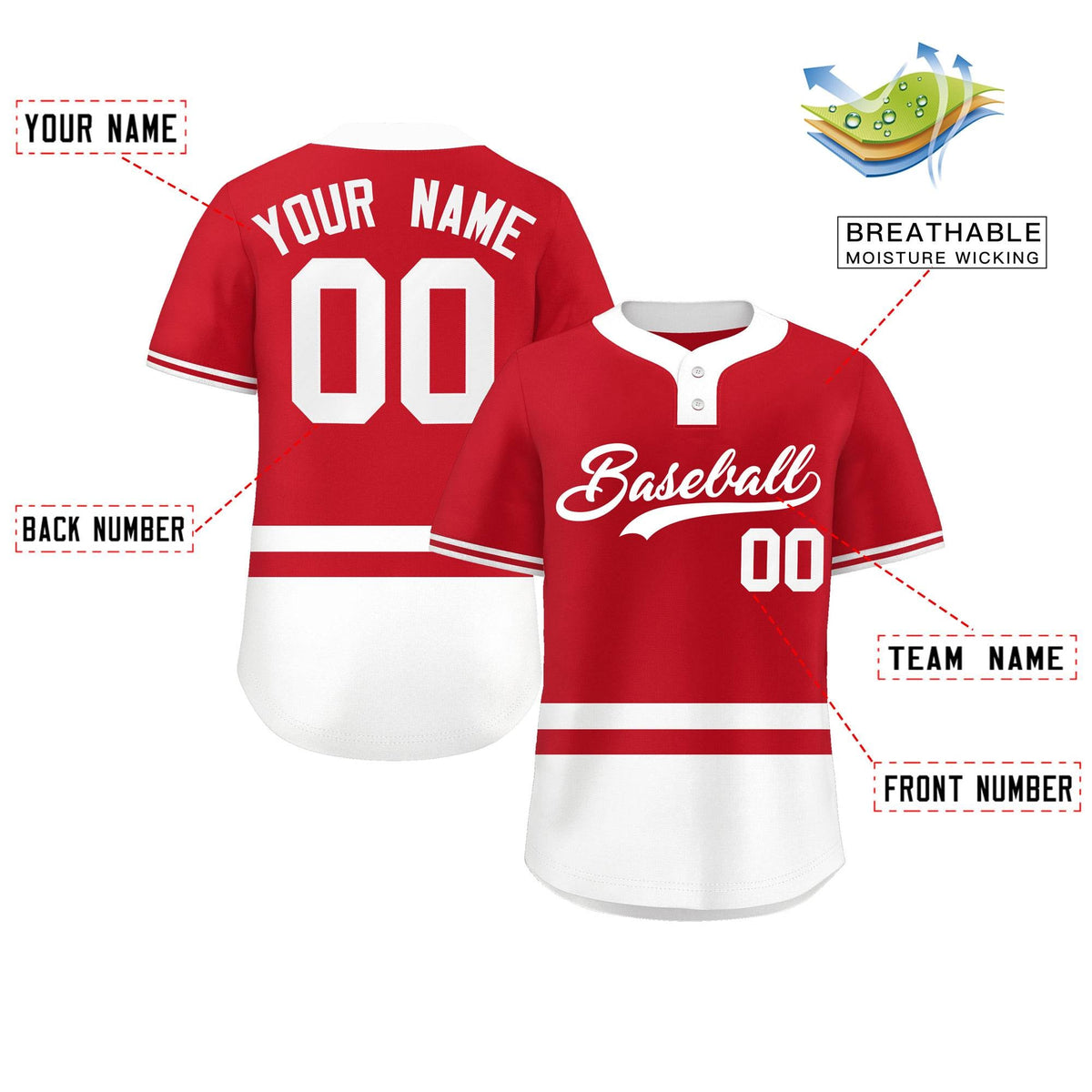 Custom Red White Color Block Personalized Authentic Two-Button Softball Jersey