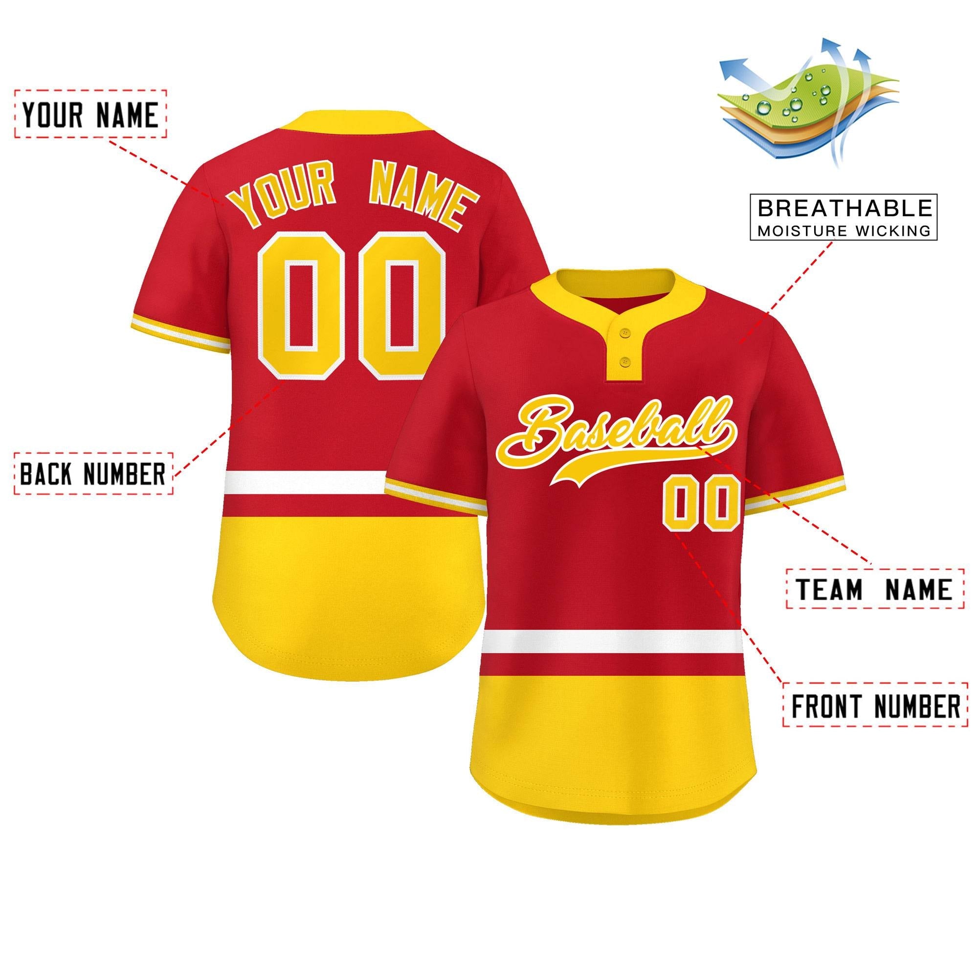 Custom Red White-Gold Color Block Personalized Authentic Two-Button Softball Jersey