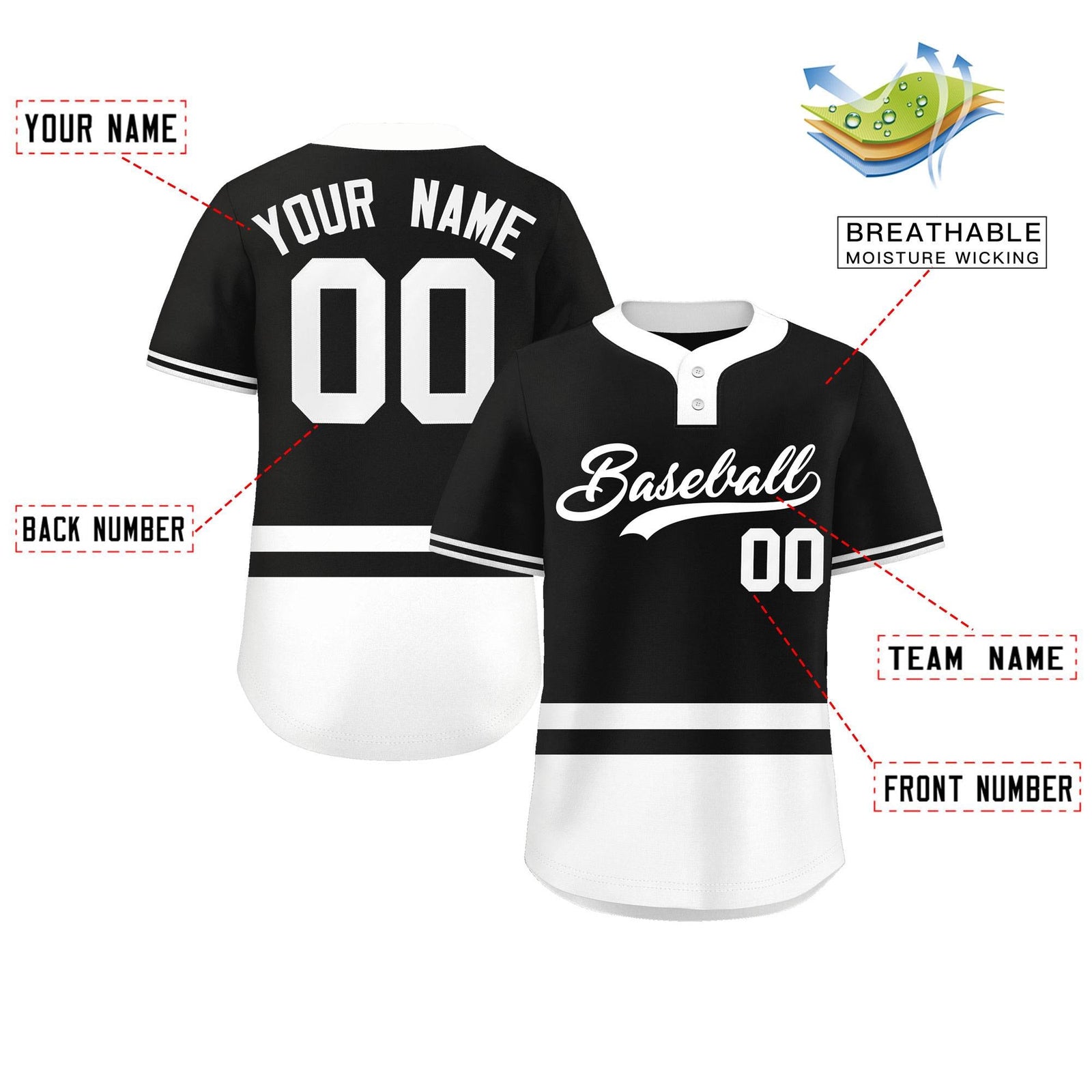 Custom Black White Color Block Personalized Authentic Two-Button Softball Jersey
