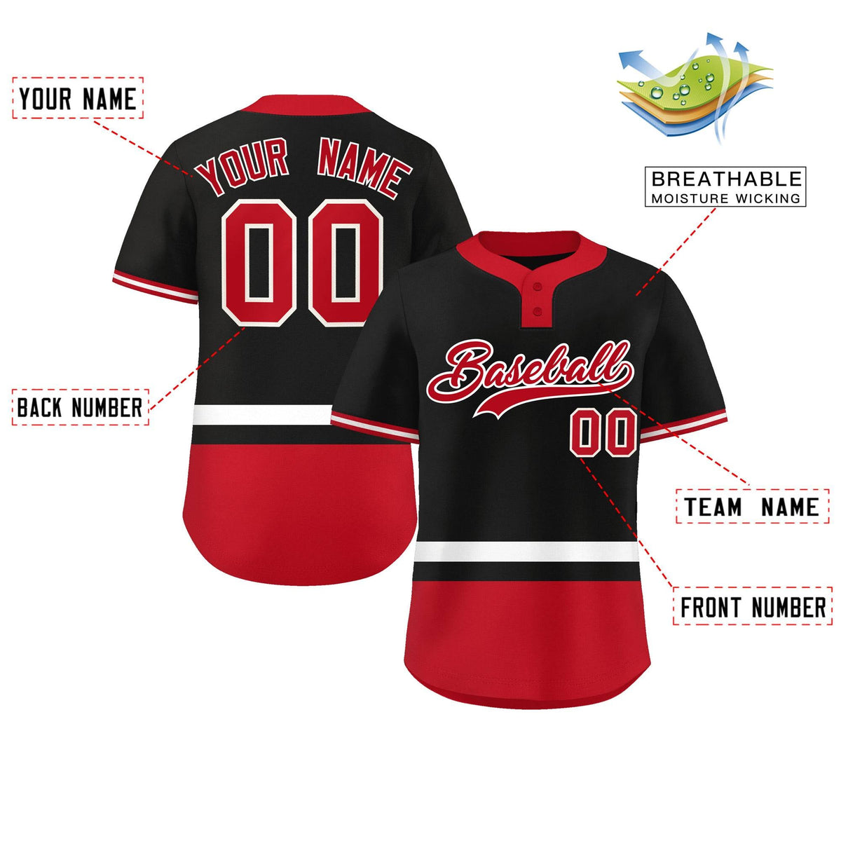 Custom Black White-Red Color Block Personalized Authentic Two-Button Softball Jersey