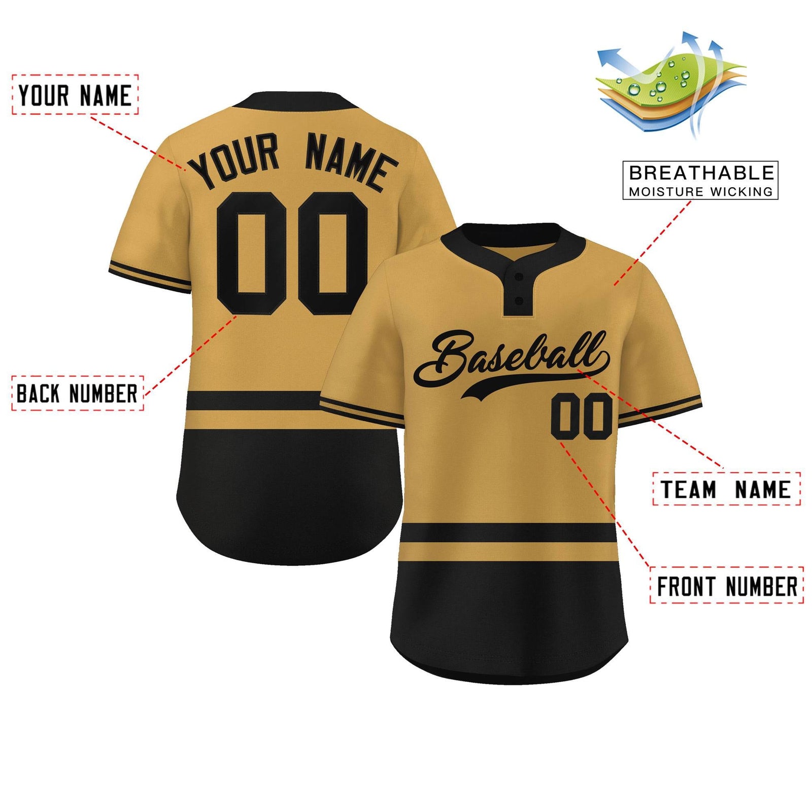 Custom Gold Black Color Block Personalized Authentic Two-Button Softball Jersey